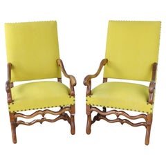 Antique Pair of French Walnut Armchairs, New Yellow Upholstery