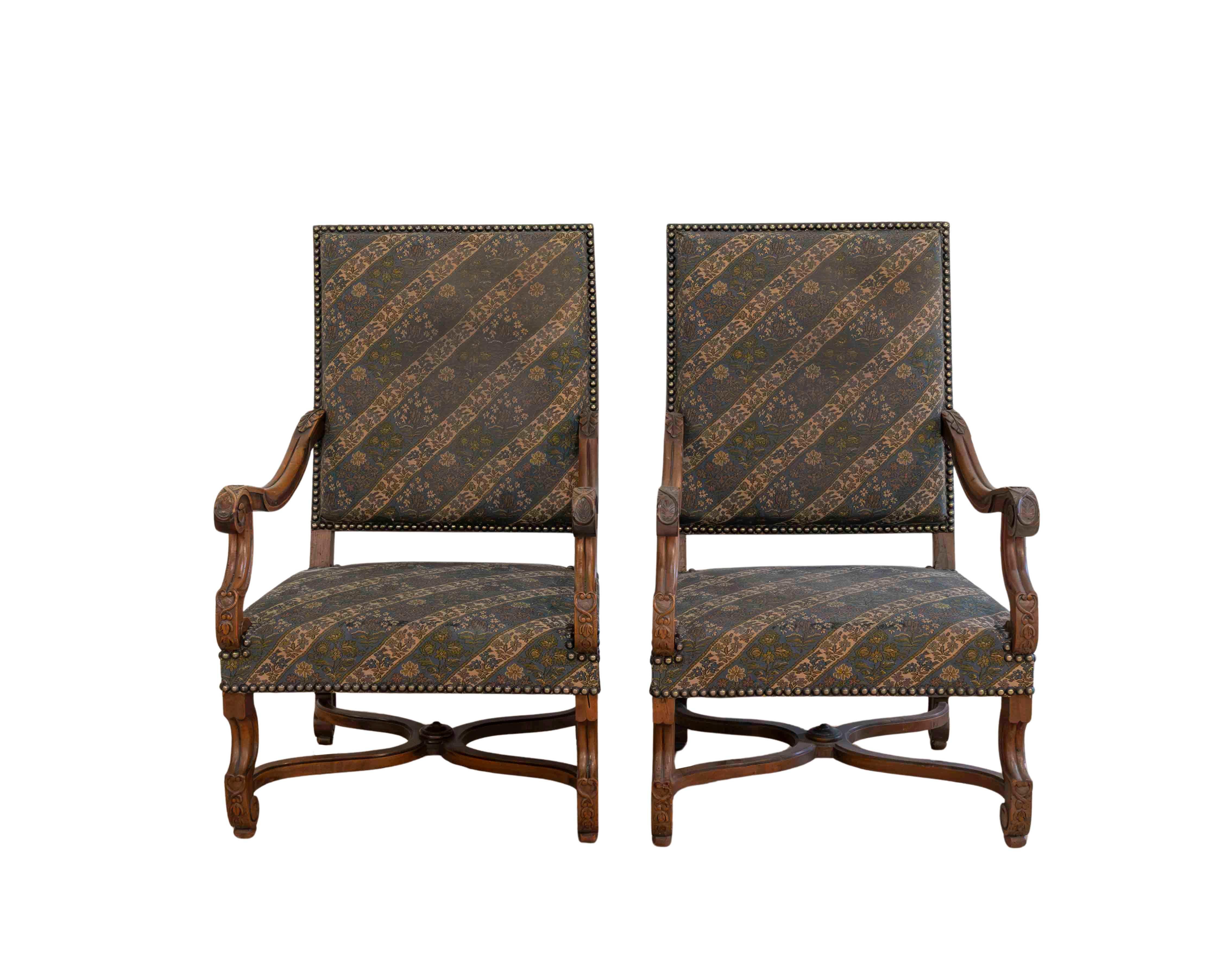 Pair of French Walnut Armchairs with X-Form Crossbars, Circa 1900 For Sale