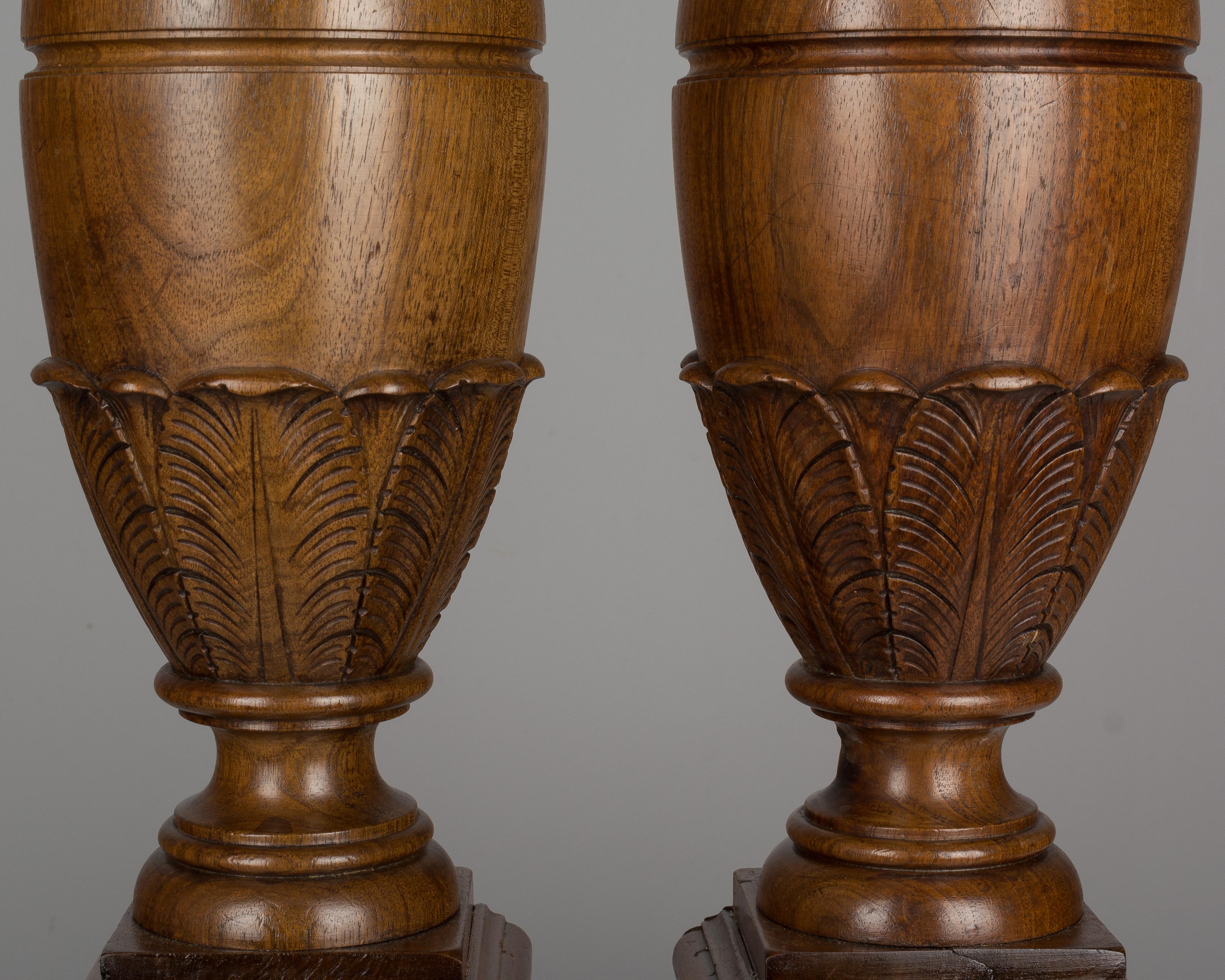 Brass Pair of French Walnut Baluster Form Lamps For Sale