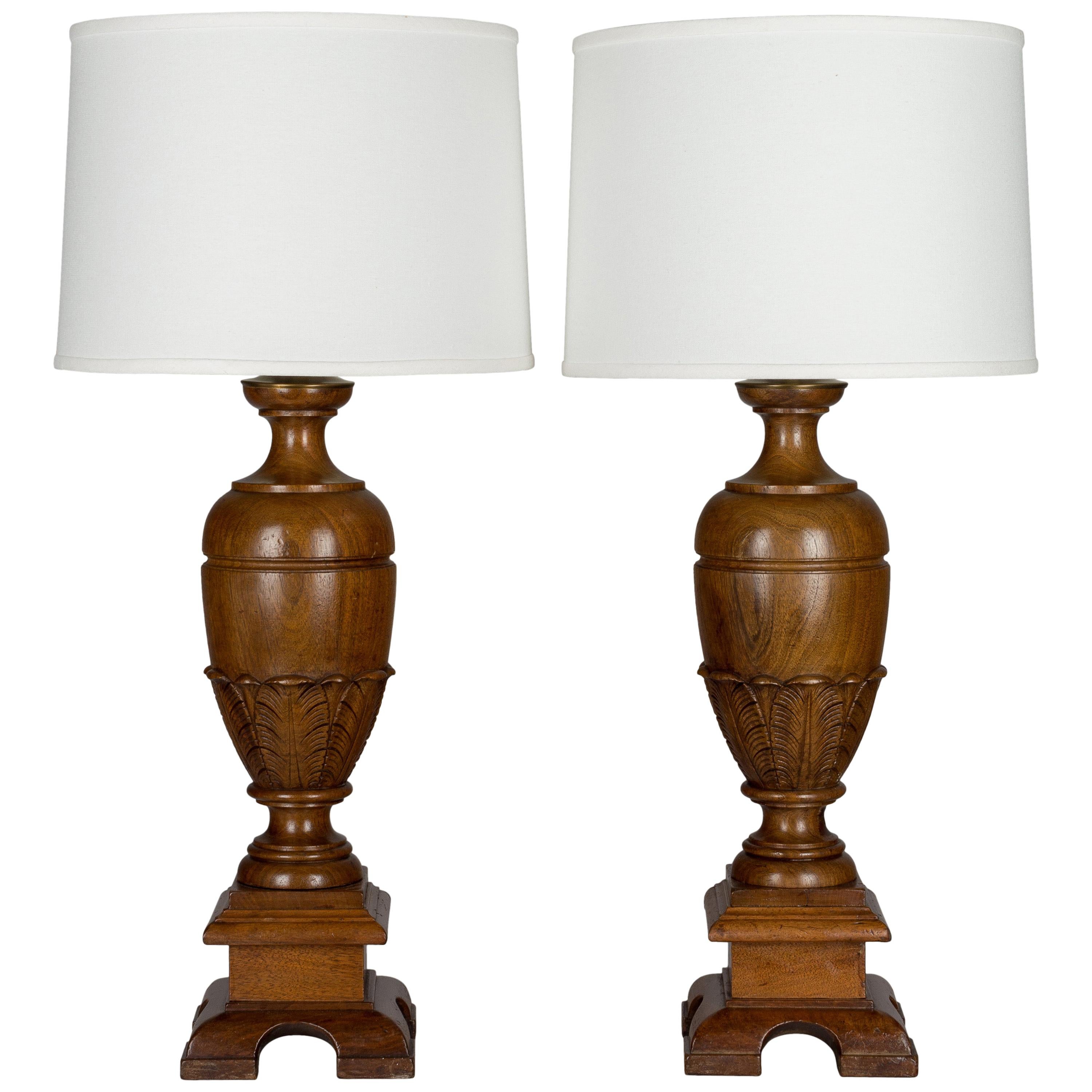 Pair of French Walnut Baluster Form Lamps For Sale