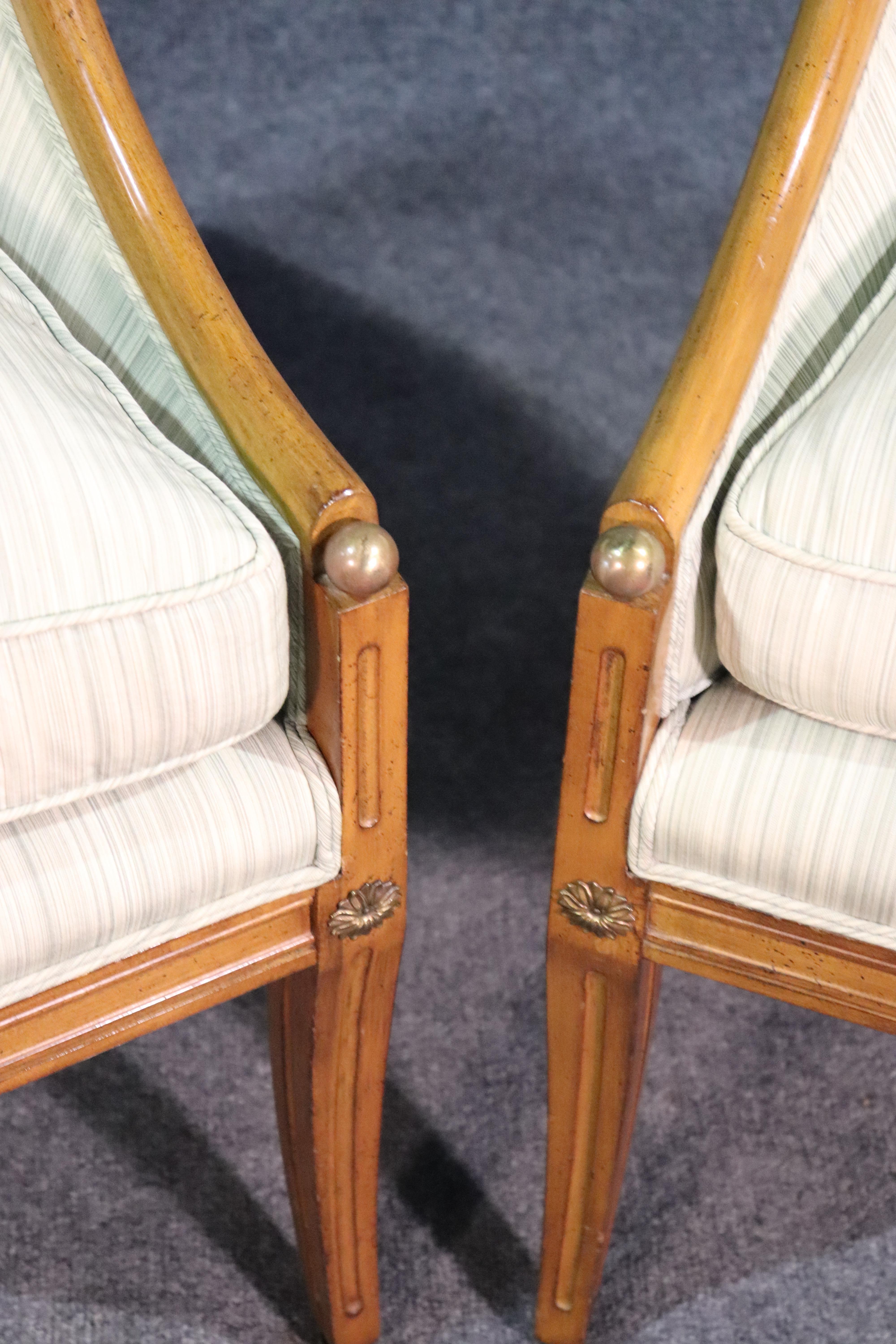 Pair of French Walnut Bronze Mounted Empire Bergère Lounge Chairs, circa 1940s 1