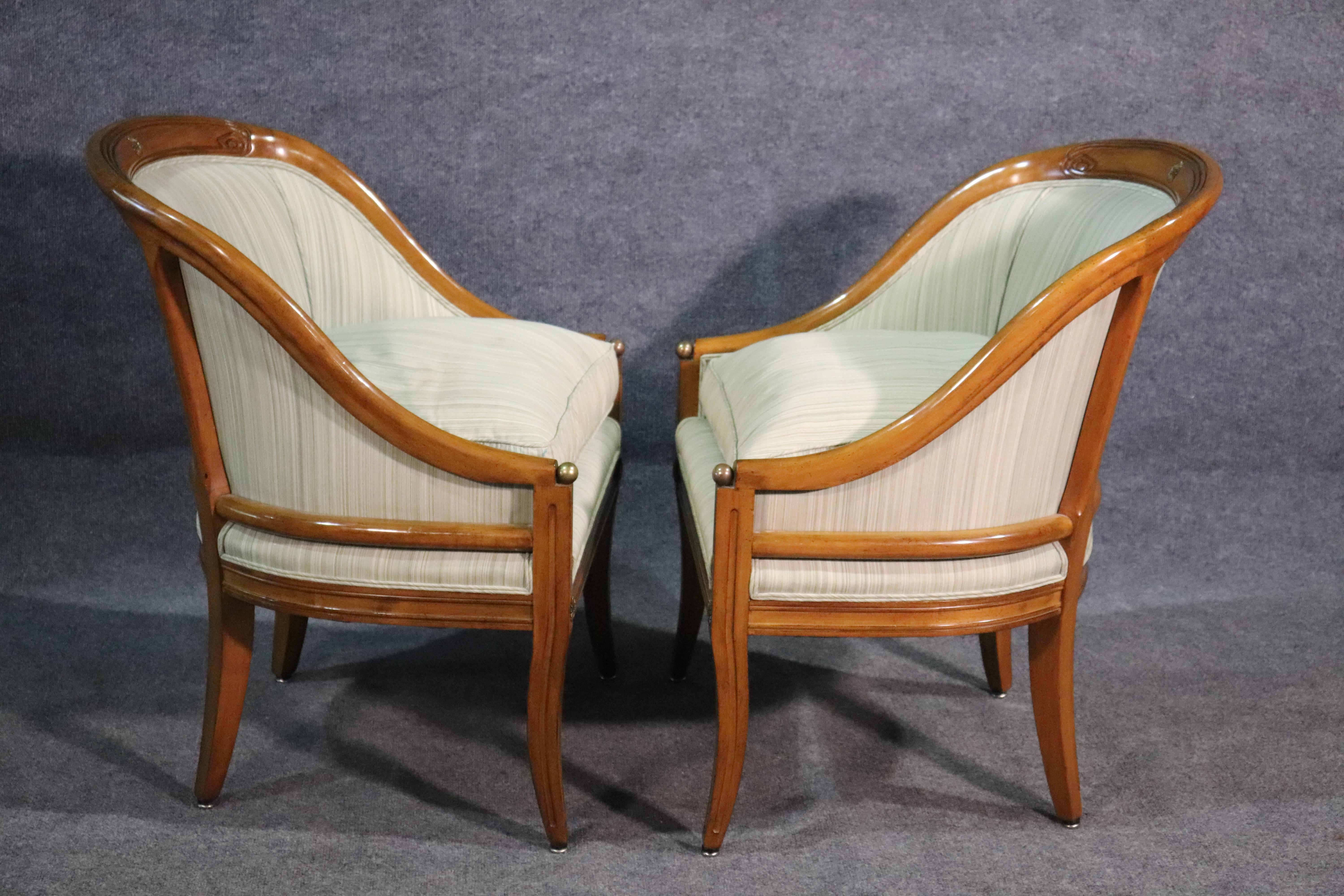 Pair of French Walnut Bronze Mounted Empire Bergère Lounge Chairs, circa 1940s 4