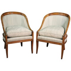 Pair of French Walnut Bronze Mounted Empire Bergère Lounge Chairs, circa 1940s