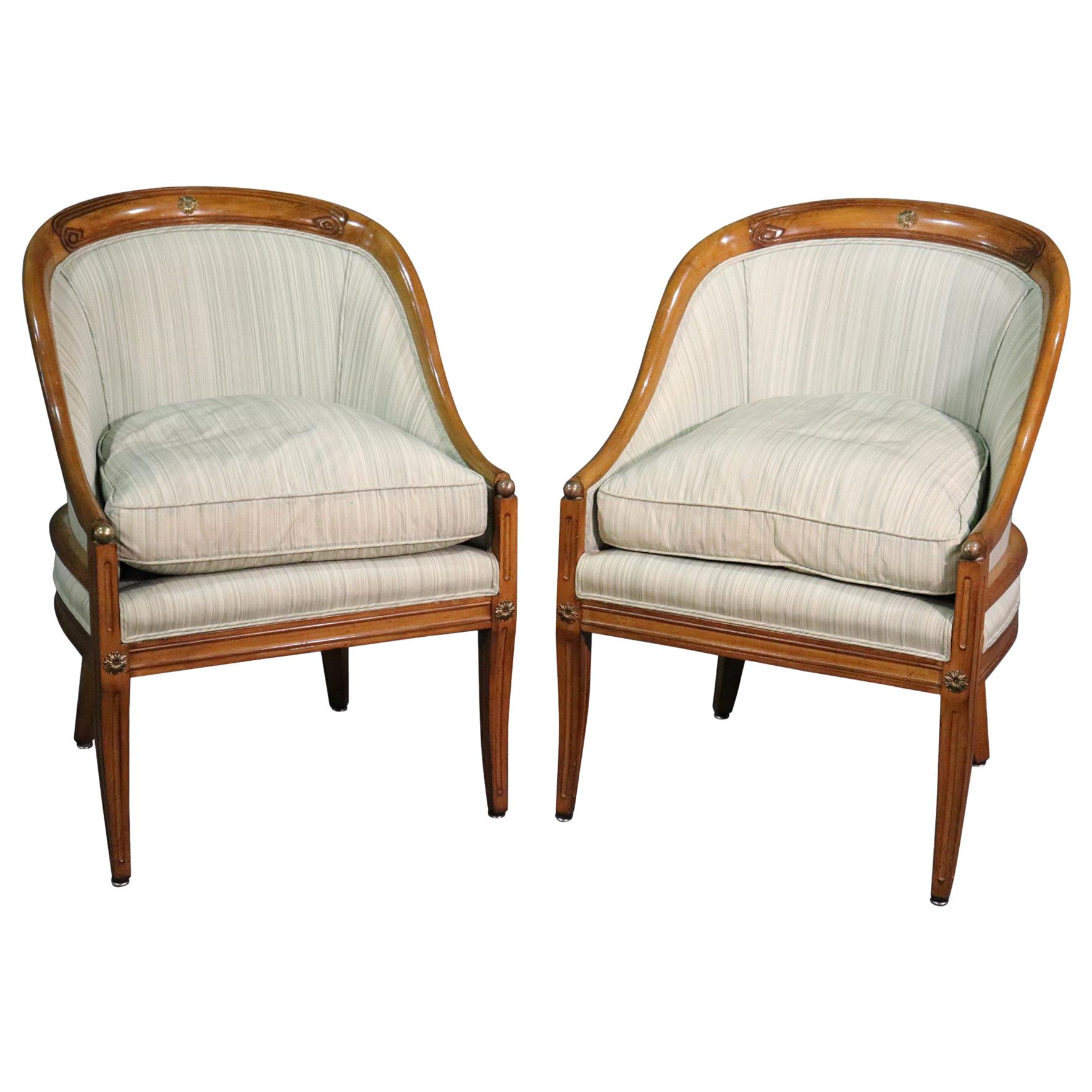 Pair of French Walnut Bronze Mounted Empire Bergère Lounge Chairs, circa 1940s