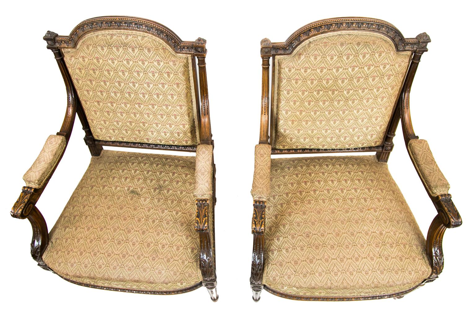 Hand-Carved Pair of French Walnut Carved Armchairs
