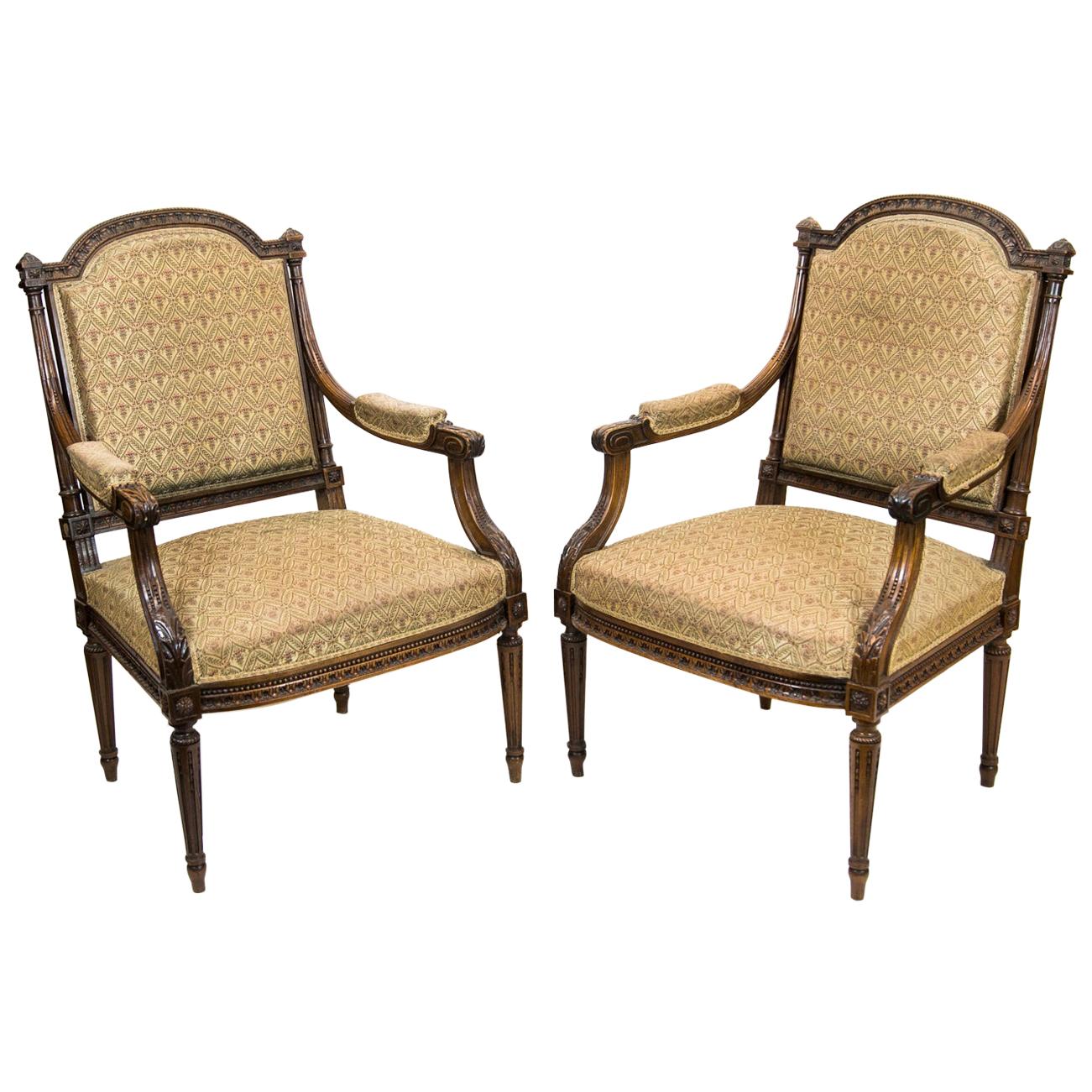 Pair of French Walnut Carved Armchairs