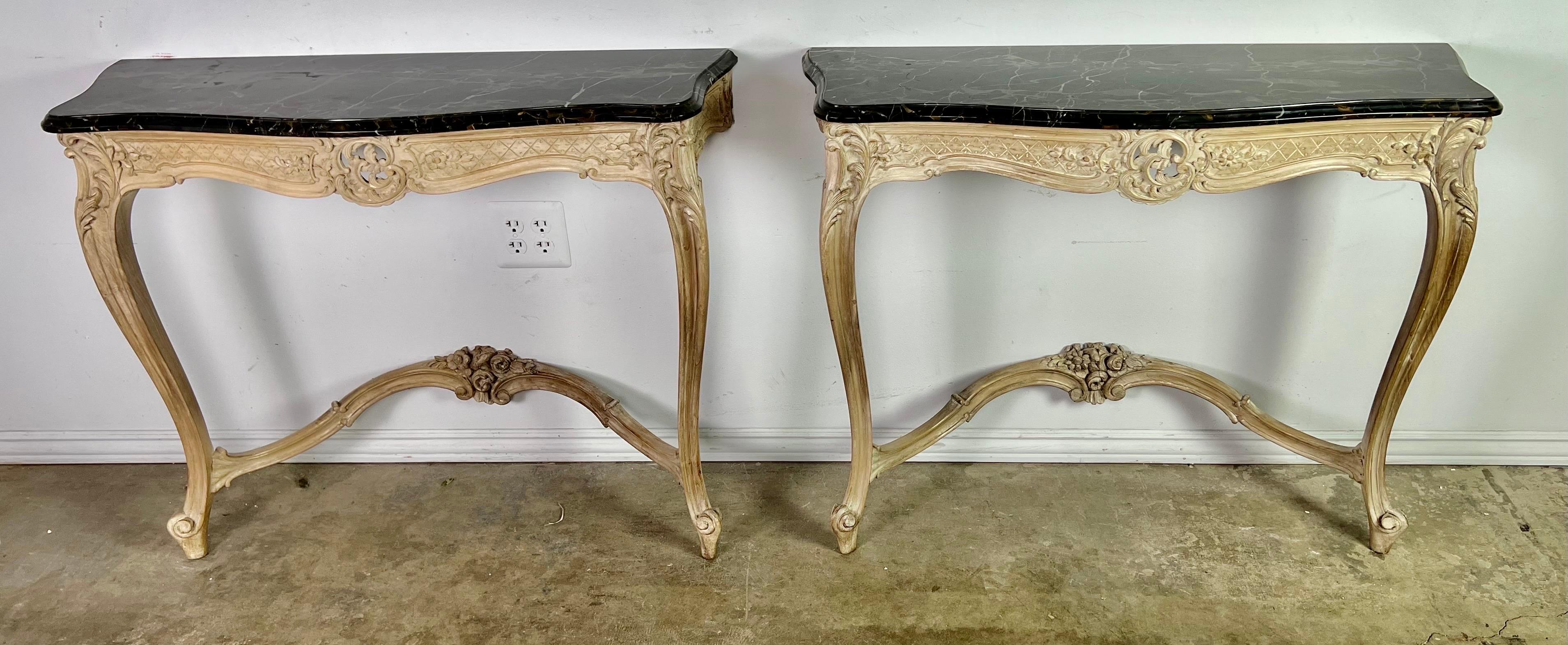 Bleached Pair of French Walnut Consoles with Marble Tops C. 1930's