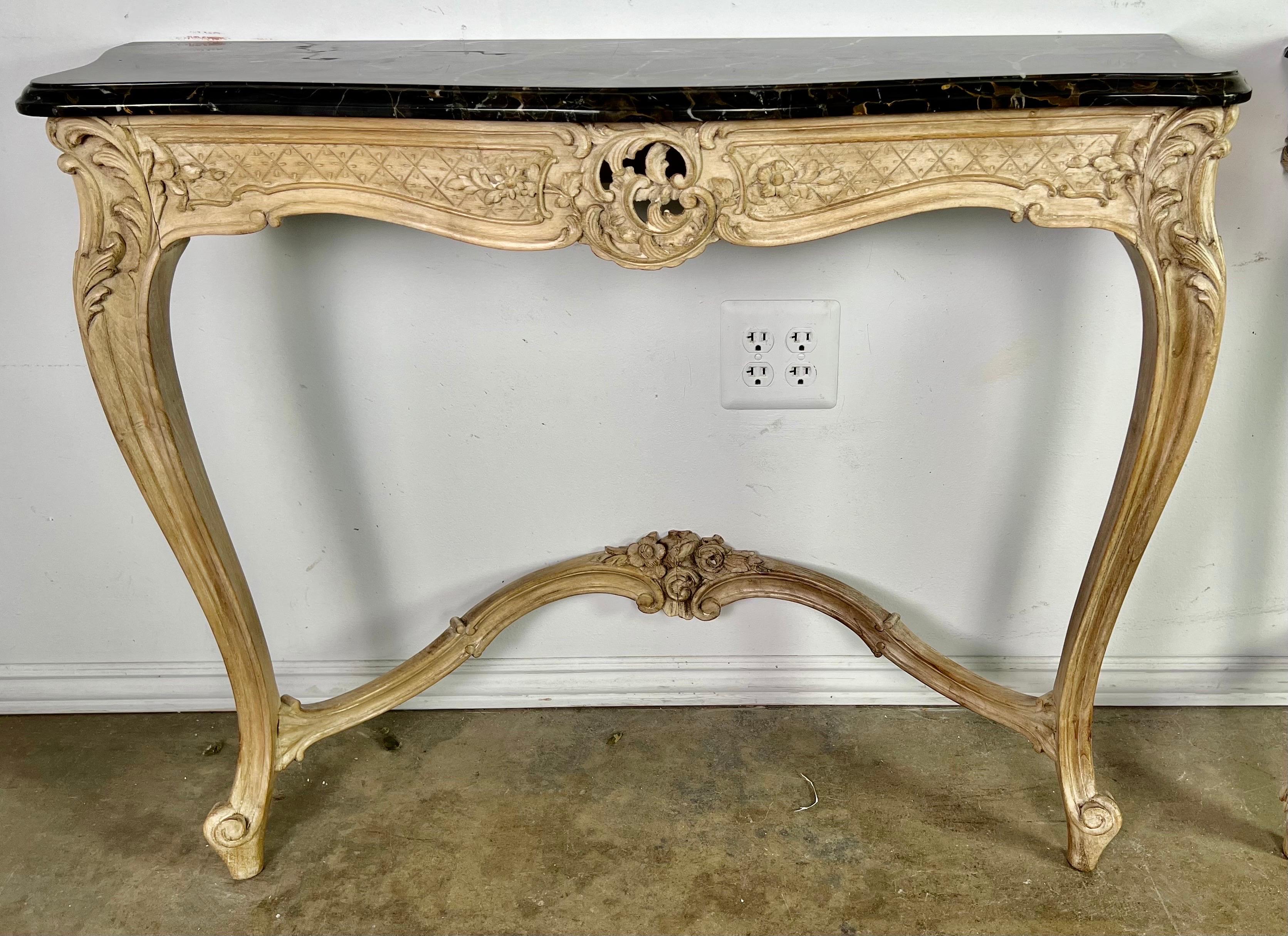 Pair of French Walnut Consoles with Marble Tops C. 1930's In Good Condition In Los Angeles, CA