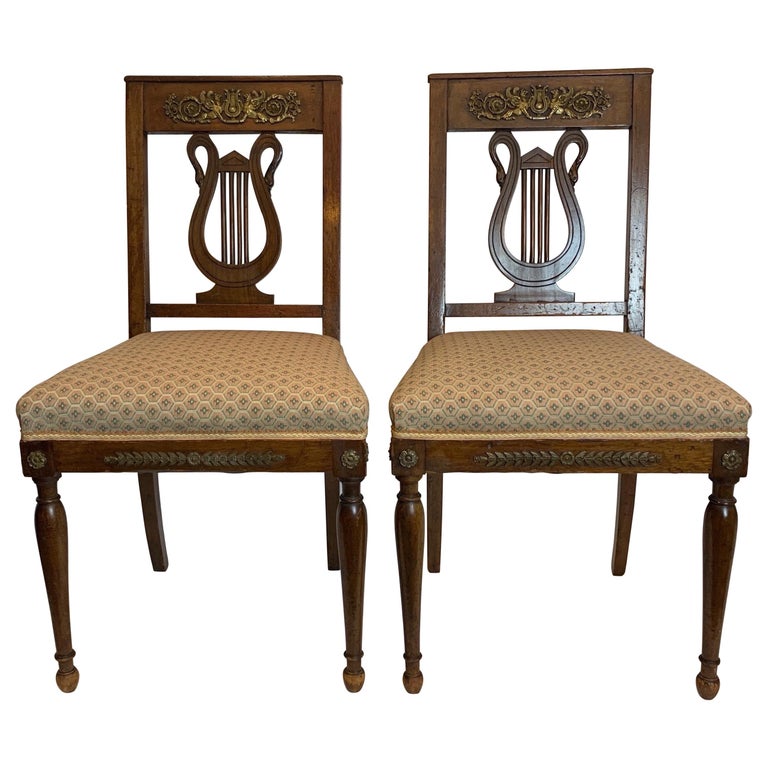 Pair of French Walnut Empire Side Chairs with Bronze Mounts