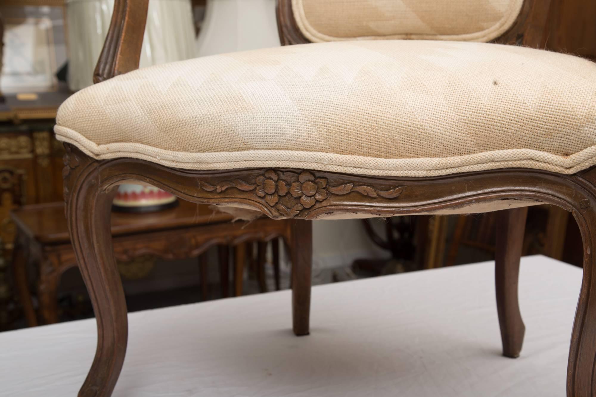 Pair of French Walnut Fauteuil Upholstered Chairs In Good Condition In WEST PALM BEACH, FL