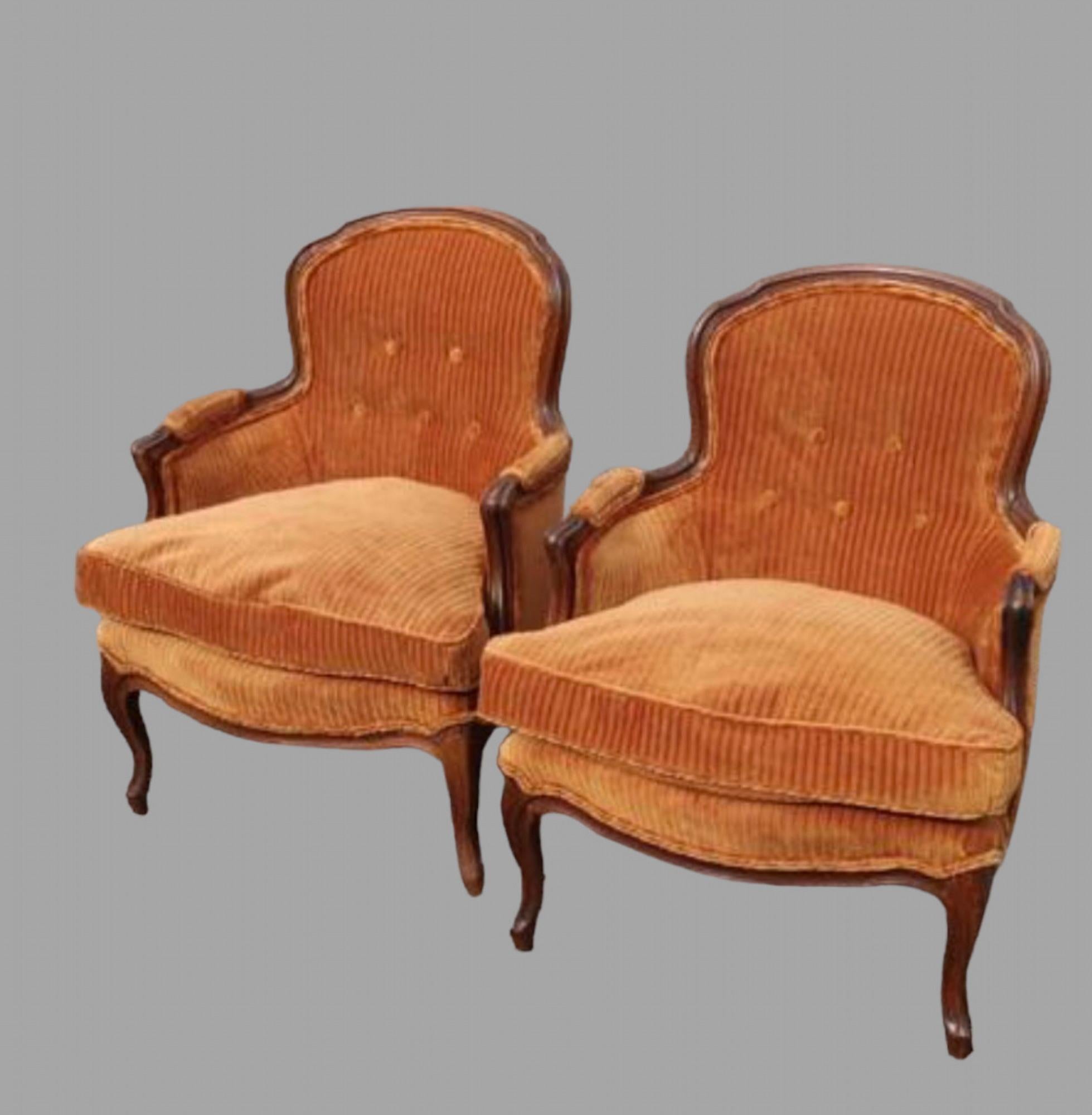 Louis XV Pair of French Walnut Framed Small Fauteuils For Sale