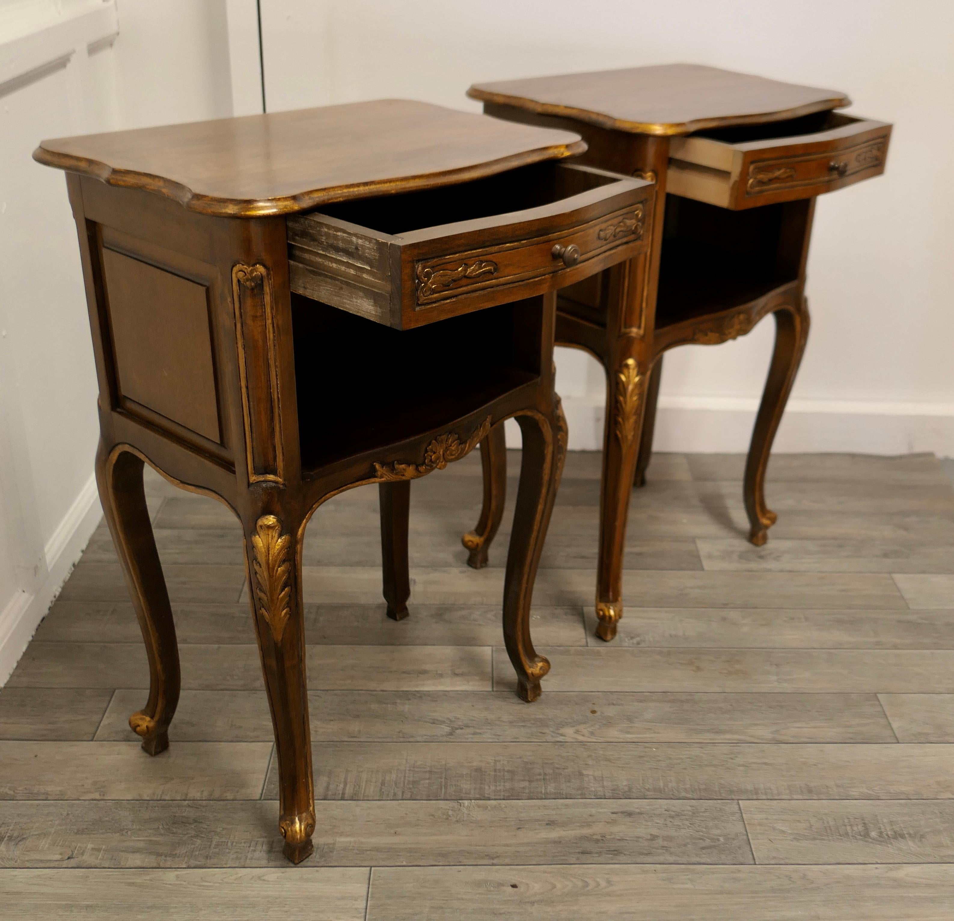Rococo Revival Pair of French Walnut Gilt Bedside Cabinets     