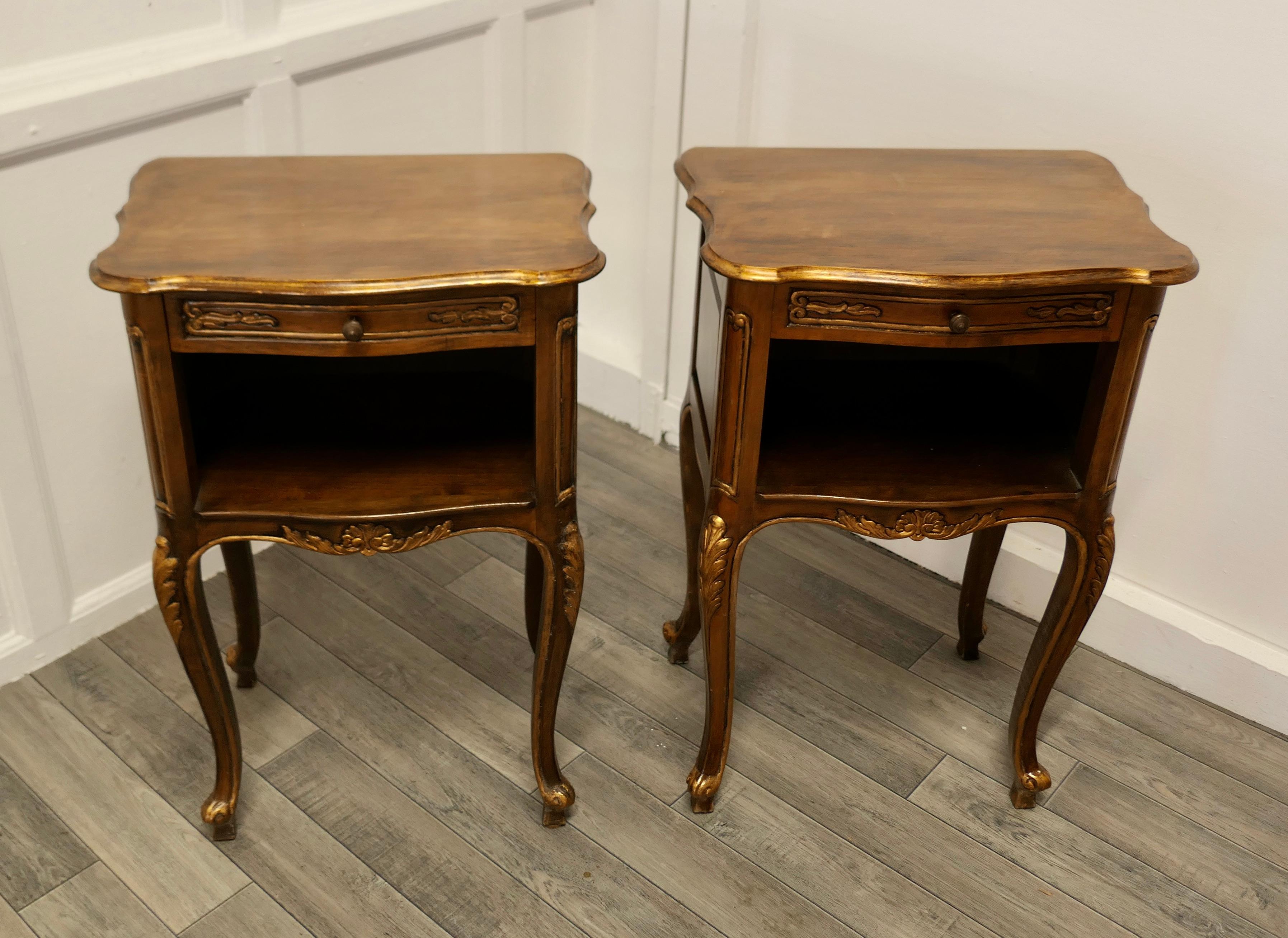 Mid-20th Century Pair of French Walnut Gilt Bedside Cabinets     