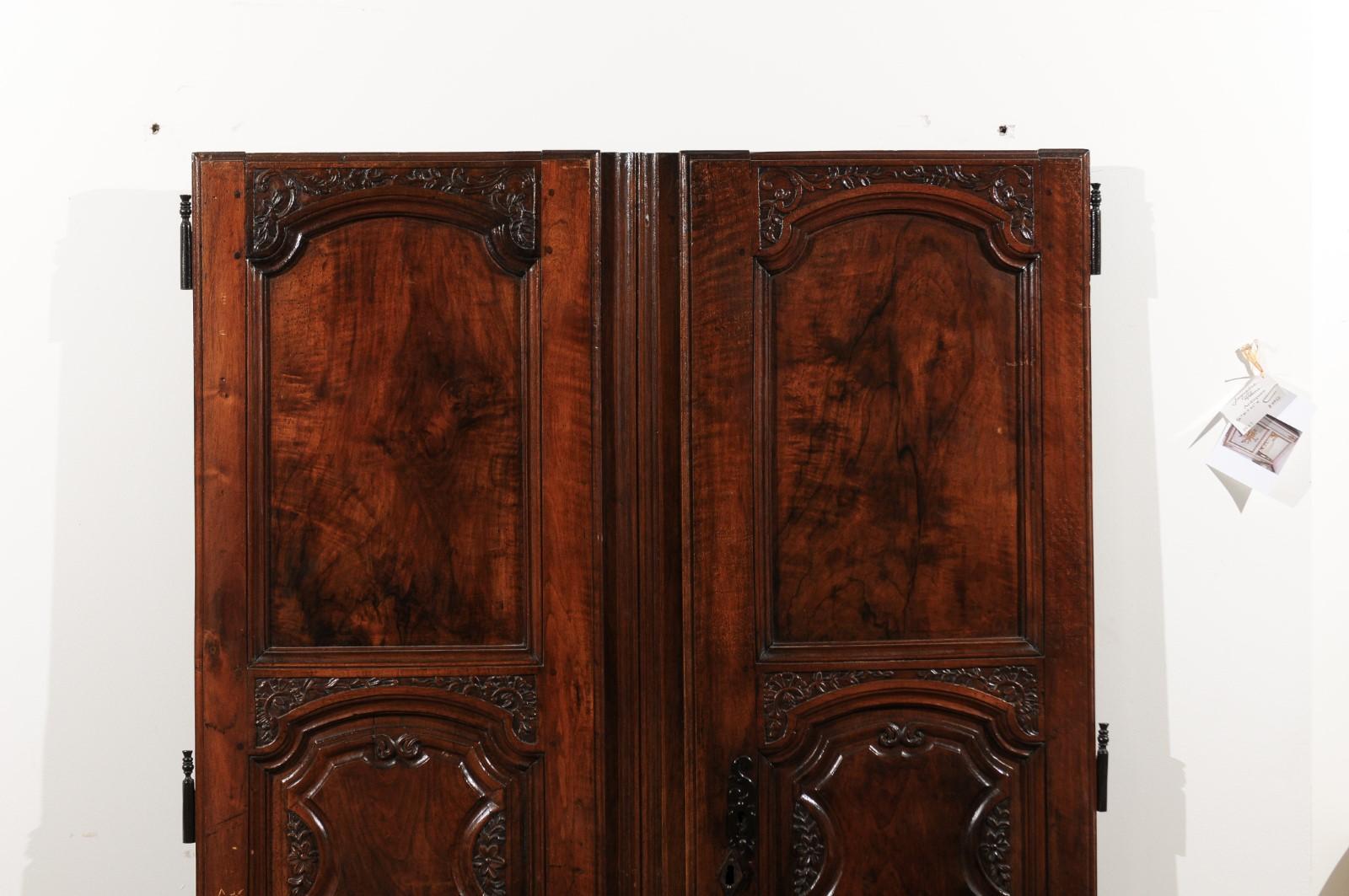 Louis XV Pair of French Walnut Hand Carved Wooden Doors with Foliage Motifs, circa 1750