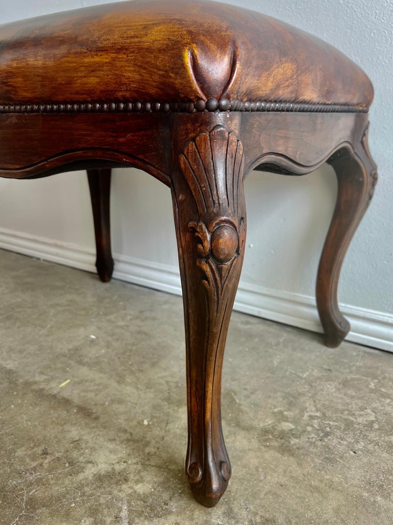 Pair of French Walnut Leather Benches For Sale at 1stDibs