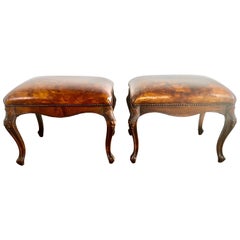 Pair of French Walnut Leather Benches