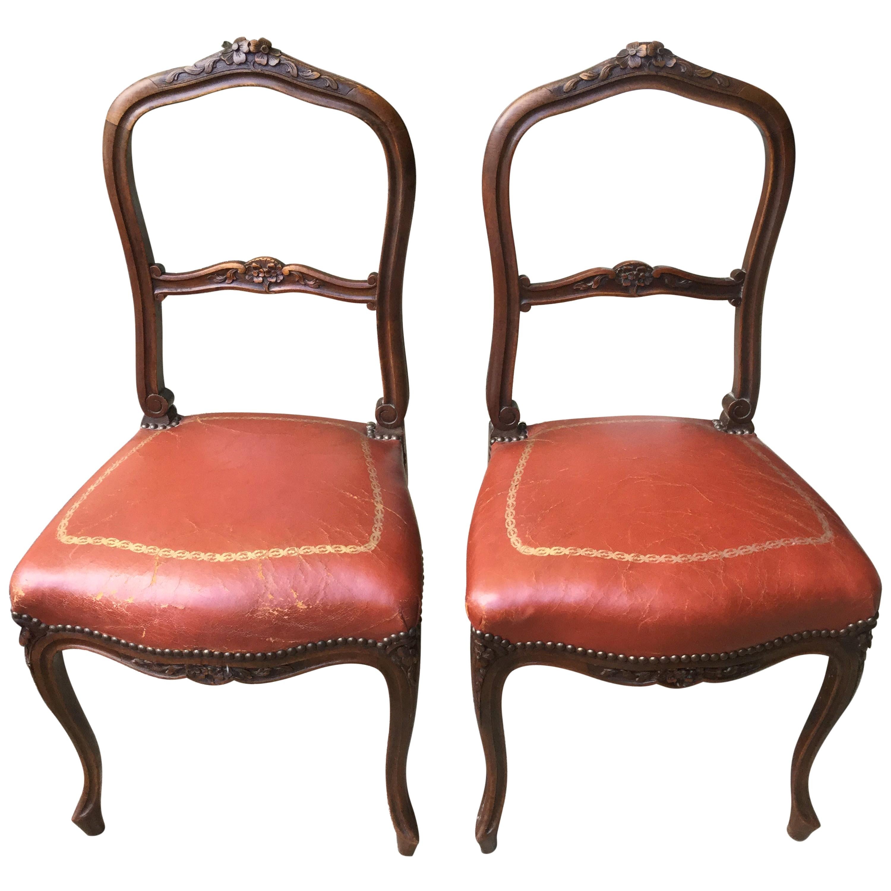 Pair of French Walnut & Leather Boudoir Chairs For Sale