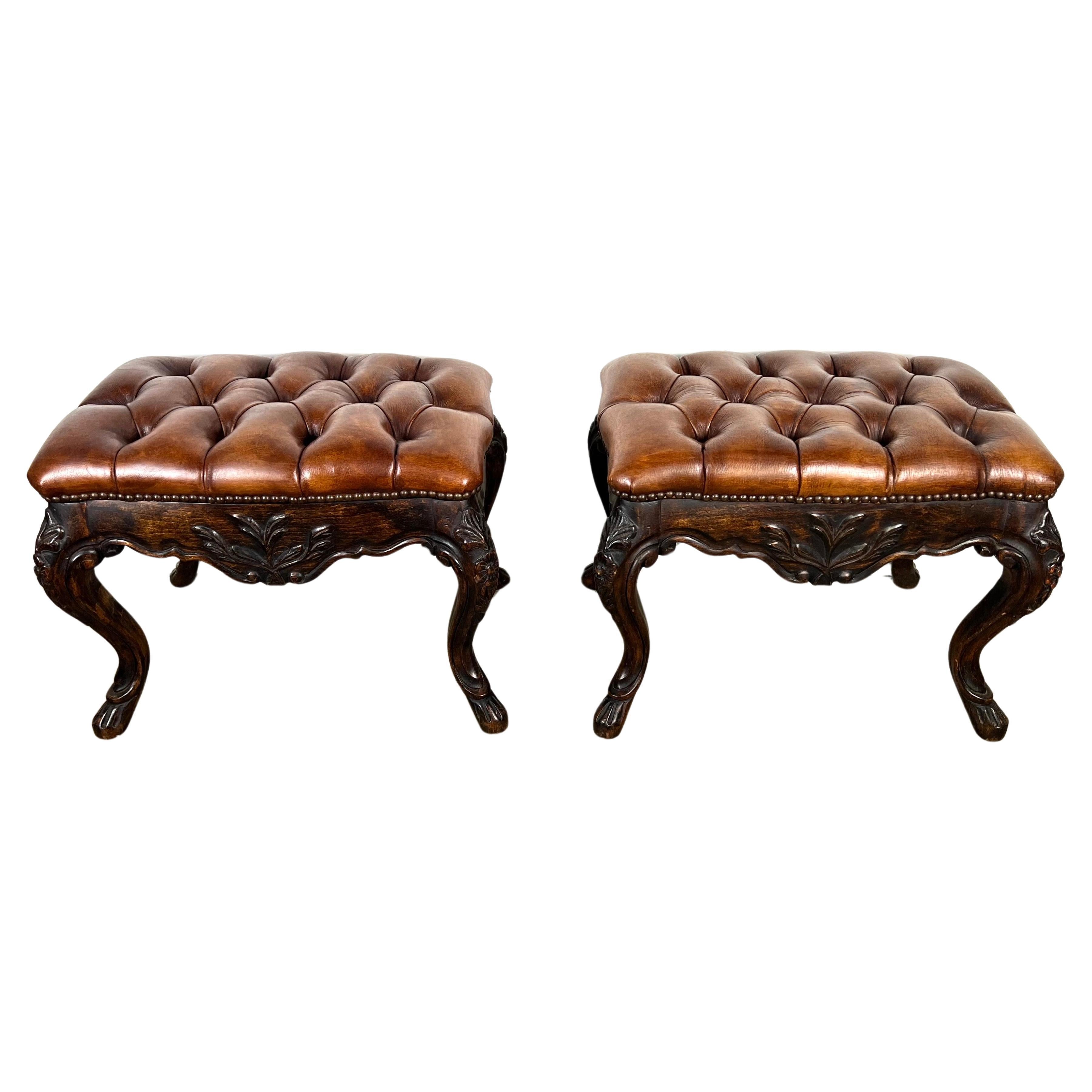 Pair of French Walnut Leather Tufted Benches