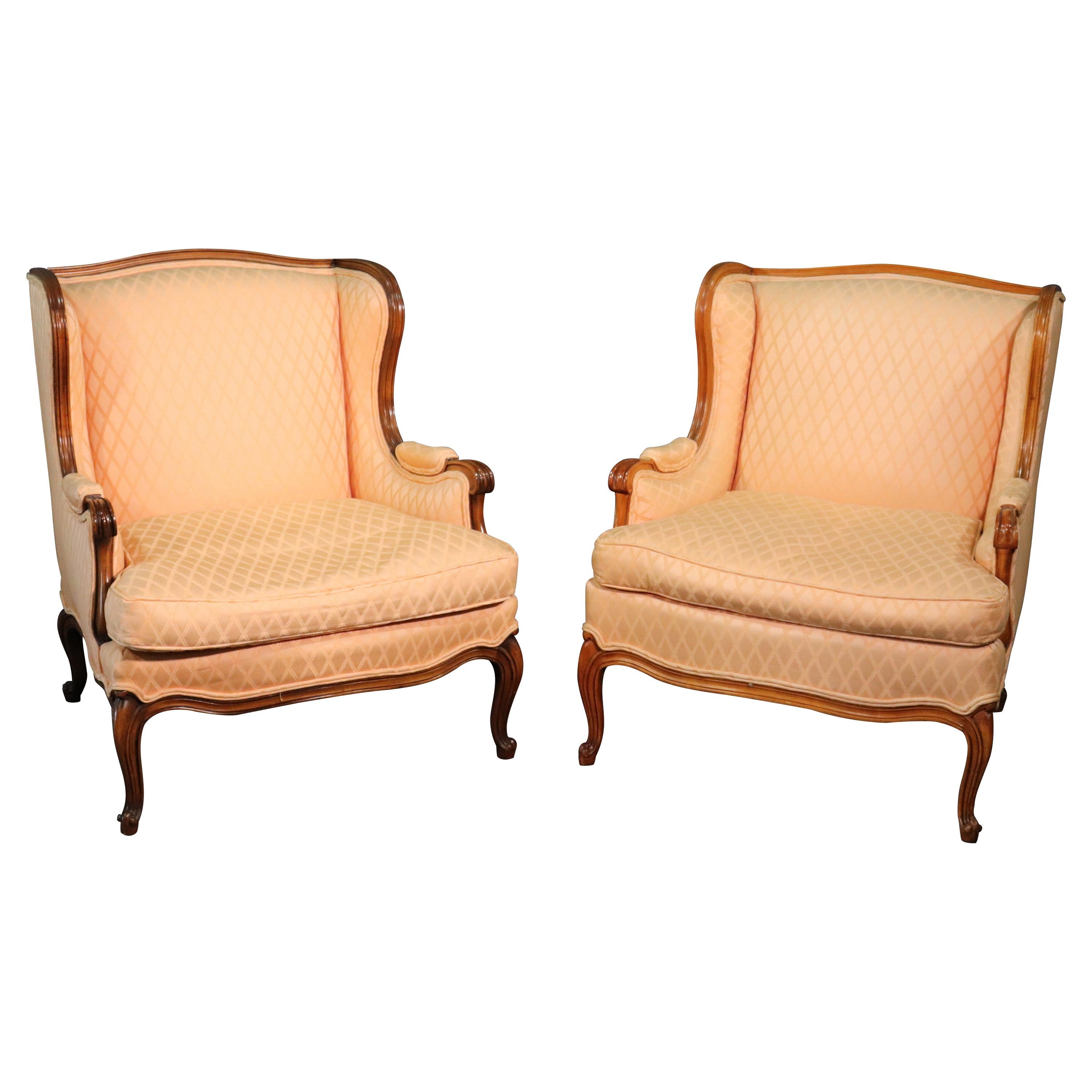 Pair of French Walnut Louis XV Bergere Fireside Lounge Chairs, circa 1950s