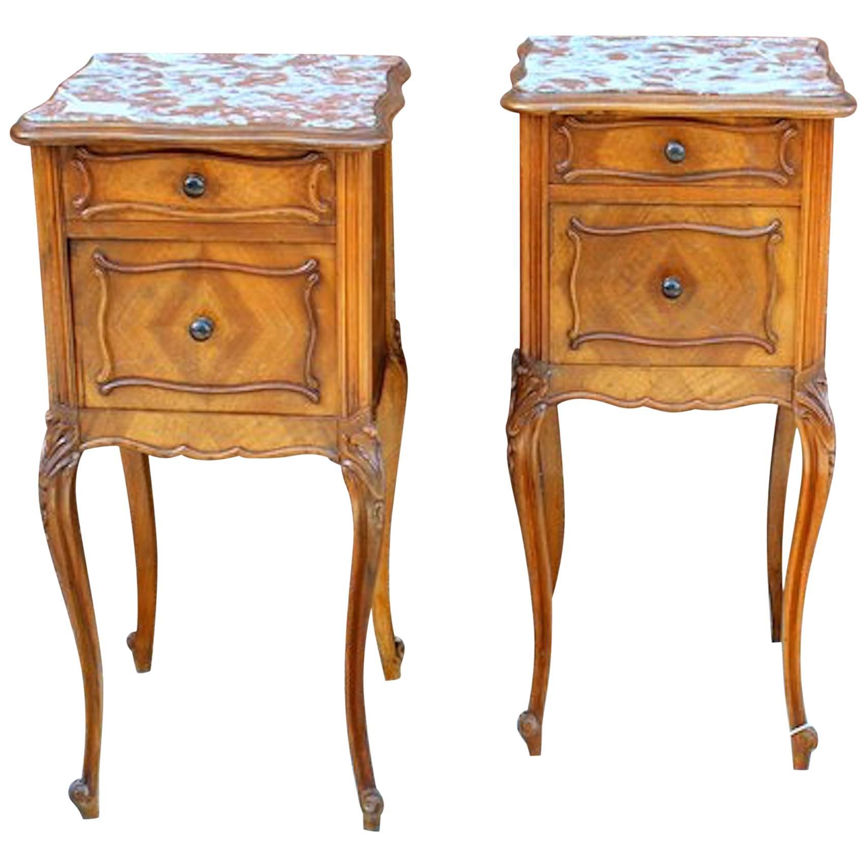 Pair of French Walnut Louis XV Style Marble Top Bedside/Chairside Tables