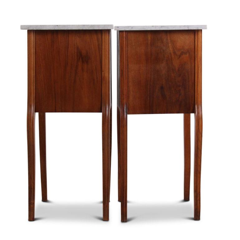 Inlay Pair of French Walnut Marble-Top Nightstands