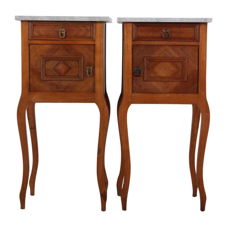 Pair of French Walnut Marble-Top Nightstands