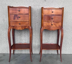 Pair of French Walnut Narrow Bedside Tables with Three Drawers