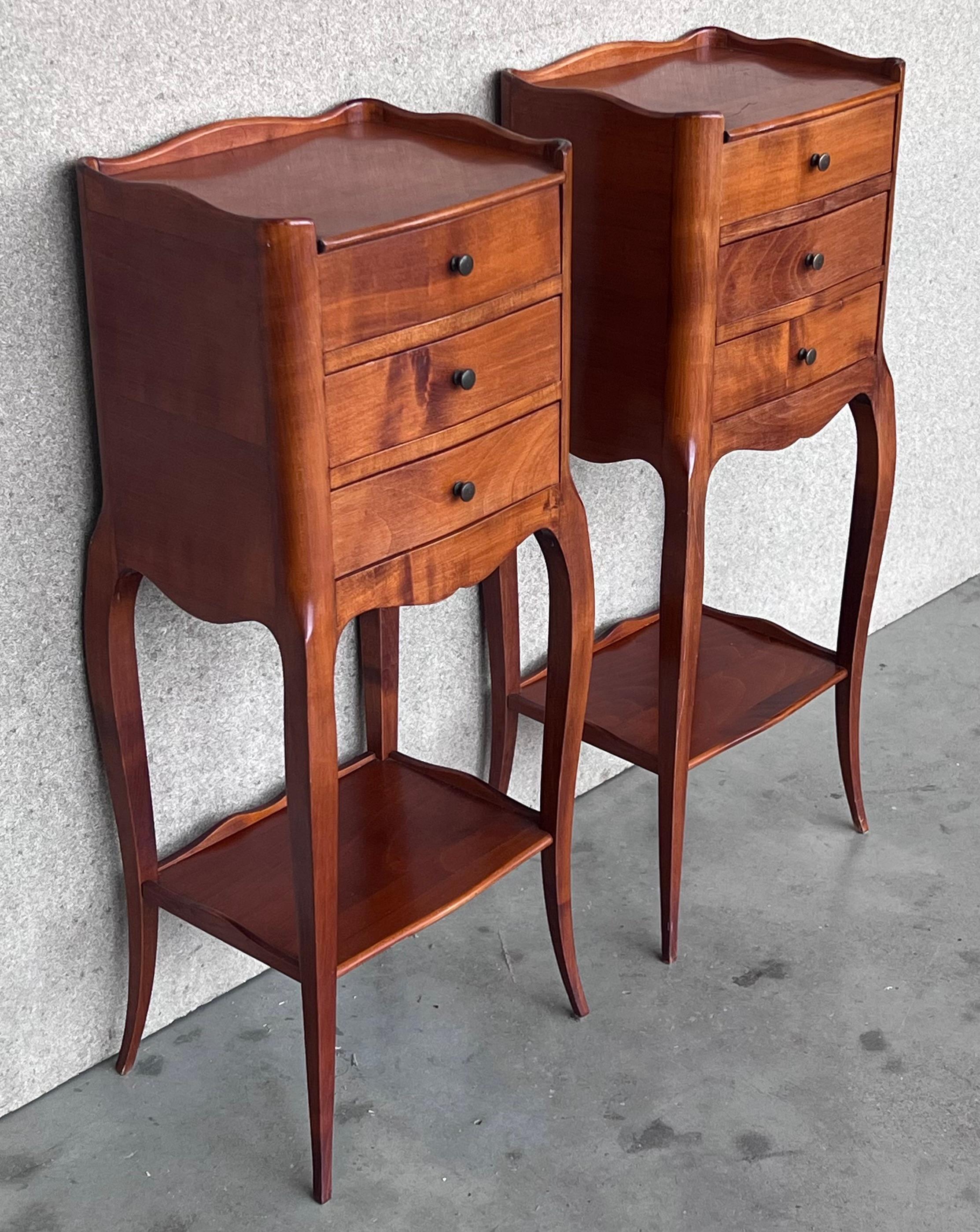 Louis XV Pair of French Walnut Narrow Bedside Tables with Three Drawers For Sale