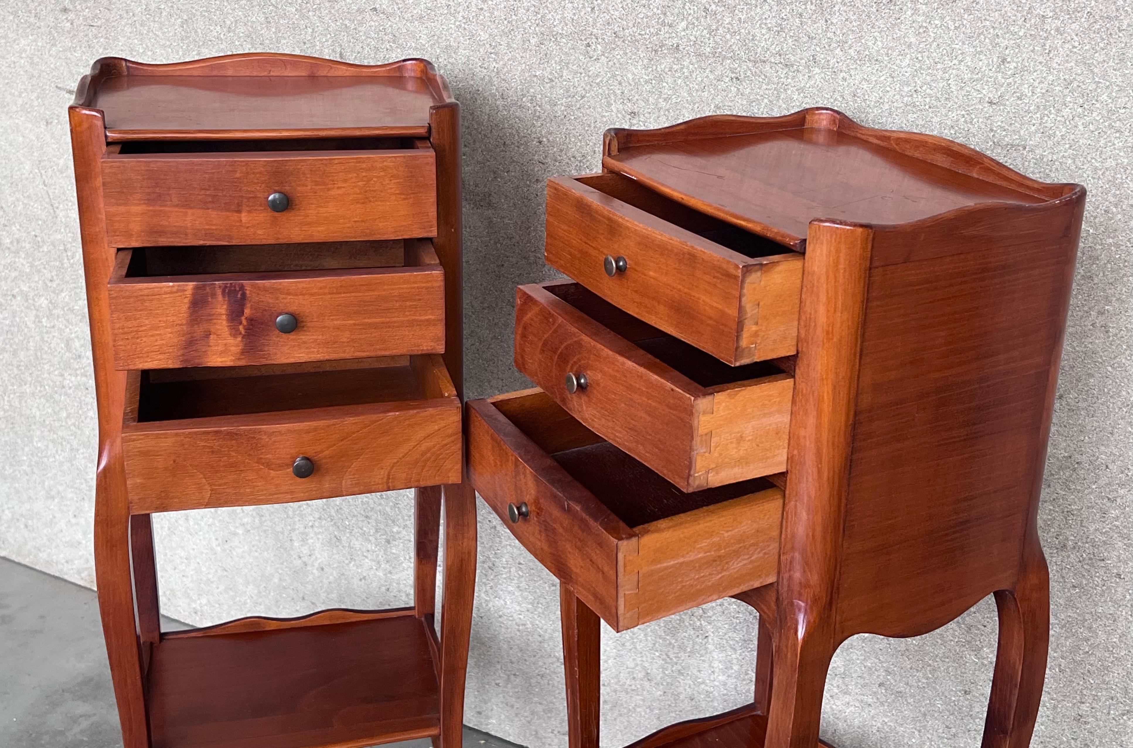 Pair of French Walnut Narrow Bedside Tables with Three Drawers For Sale 1
