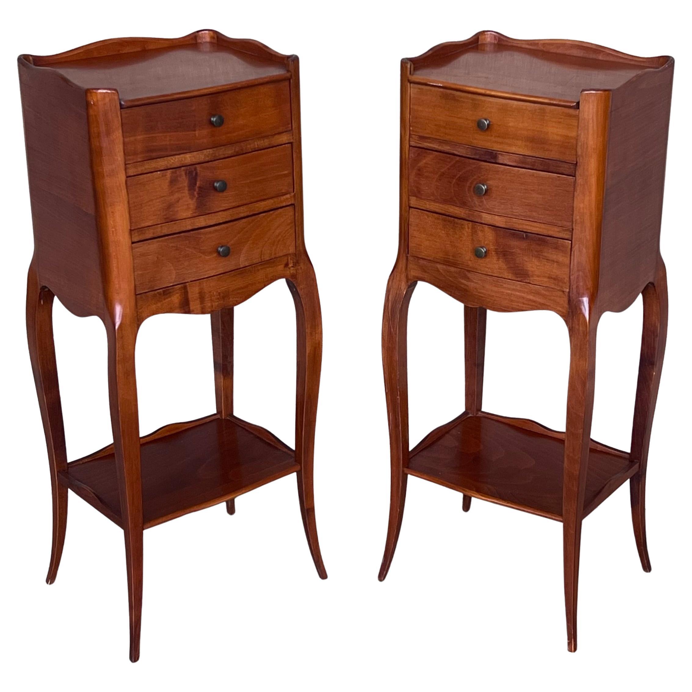 Pair of French Walnut Narrow Bedside Tables with Three Drawers For Sale