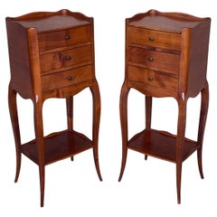 Pair of French Walnut Narrow Bedside Tables with Three Drawers