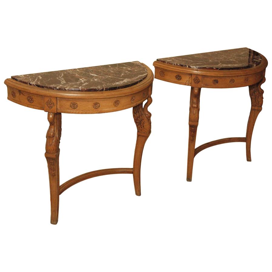 Pair of French Walnut Neoclassic Consoles with Brown Marble Top