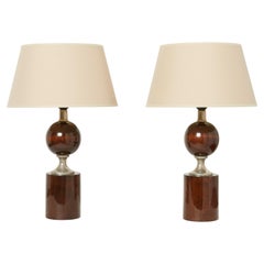 Pair of French Walnut Table Lamps by Philippe Barbier, 1970s