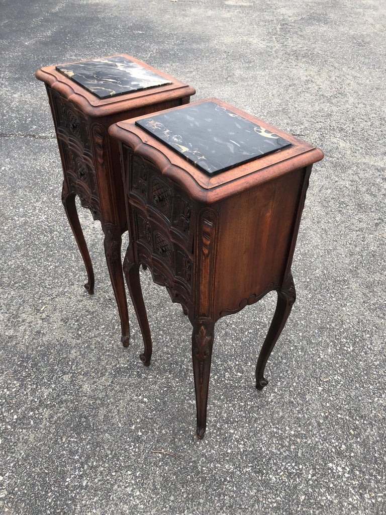 Pair of French Walnut Wood Antique Nightstands with Marble Tops at 1stDibs