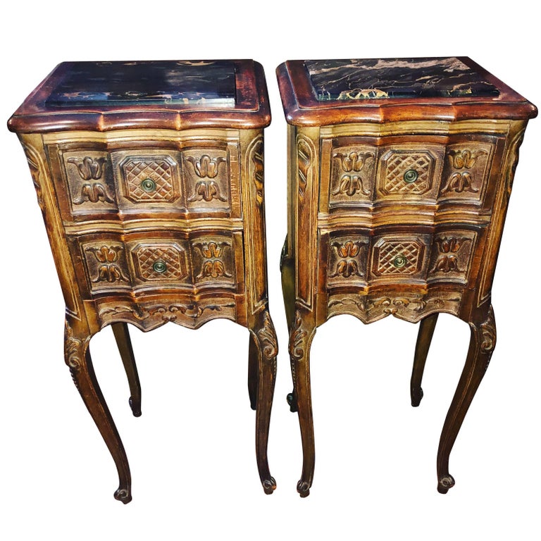 Pair of French Walnut Wood Antique Nightstands with Marble Tops at 1stDibs