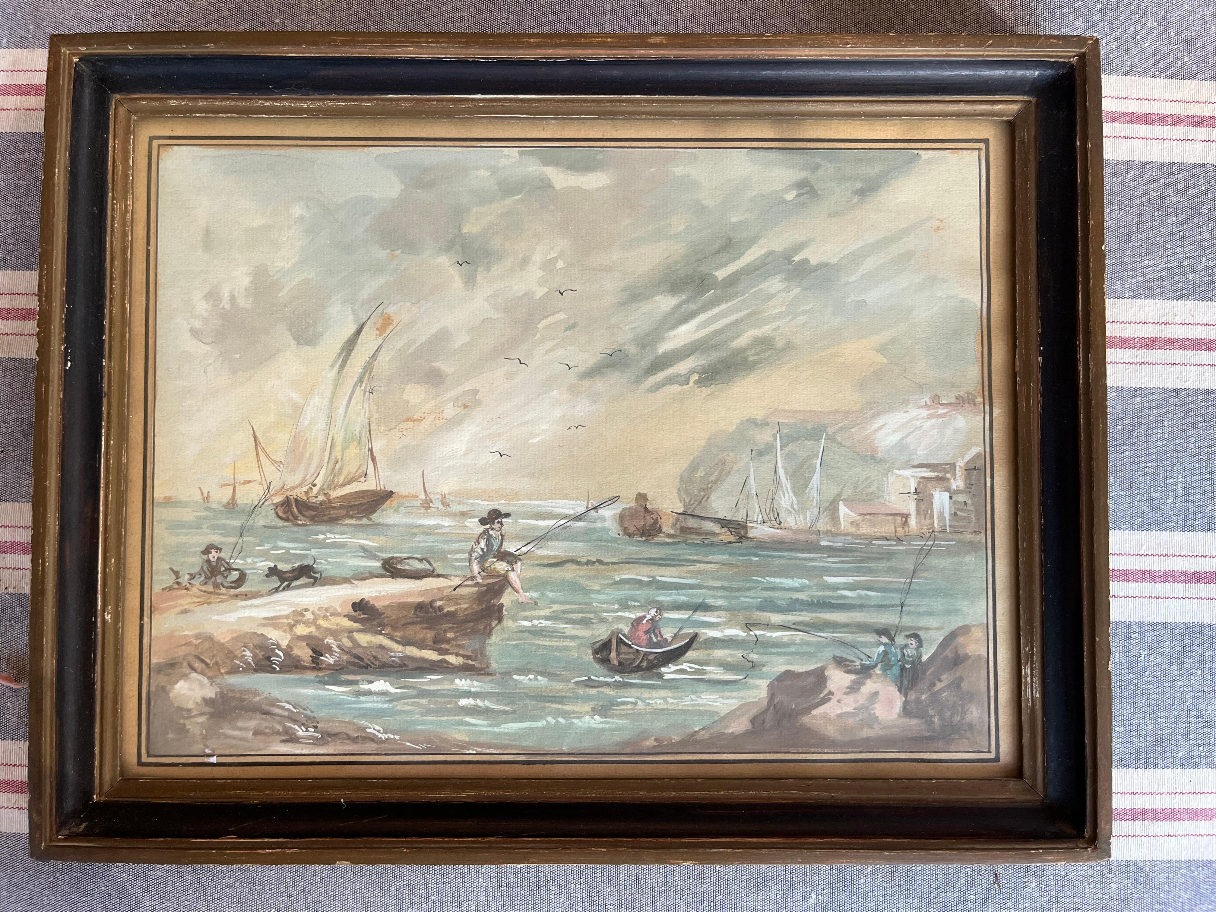 Un'affascinante coppia di dipinti di genere francesi che raffigurano un paesaggio marino con pescatori e una scena fluviale con antico ponte, eseguiti ad acquerello su carta, incorniciati sotto vetro, circa 1790