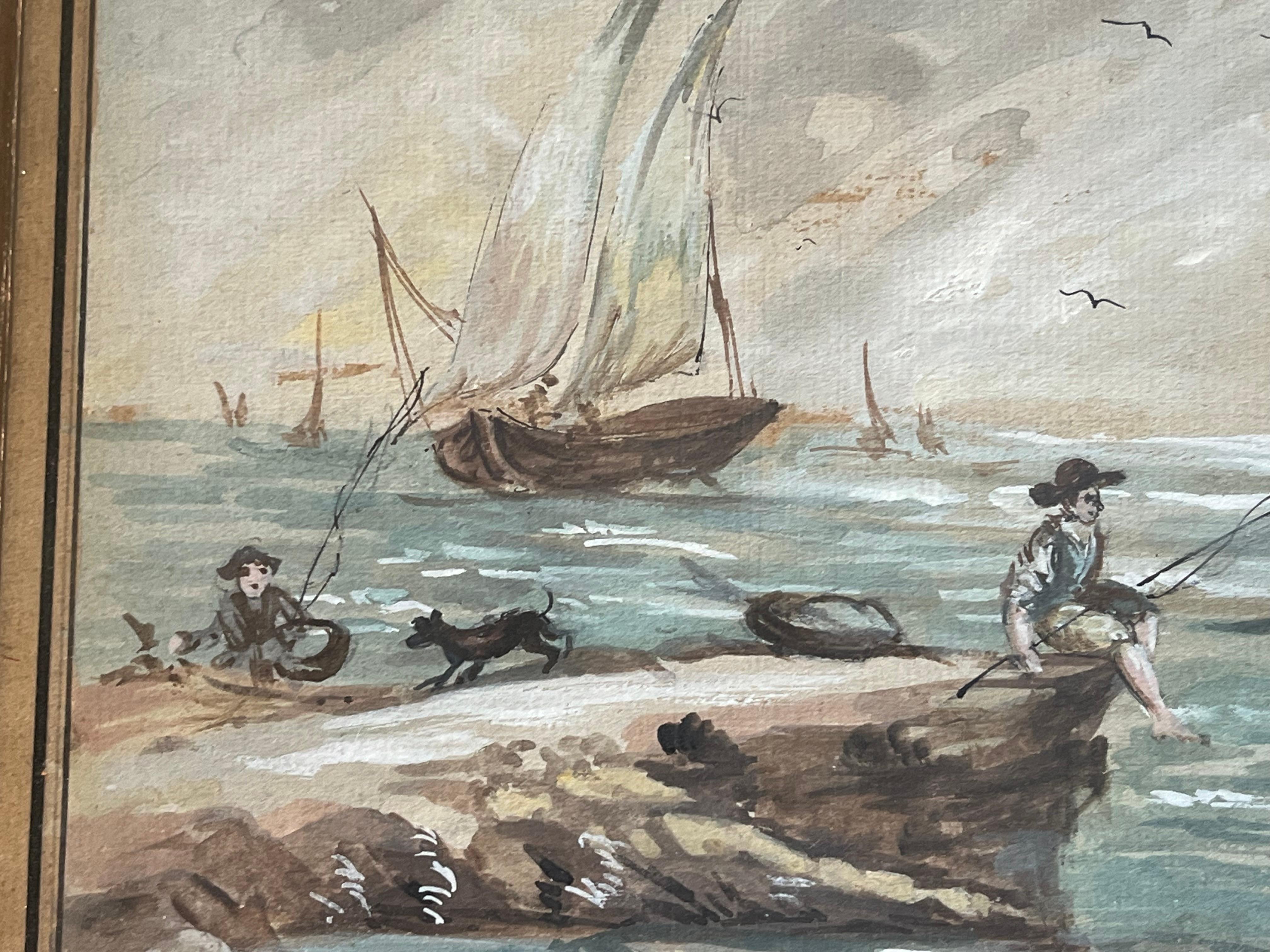 Hand-Painted Pair of French Watercolor Genre Paintings, C. 1790 For Sale