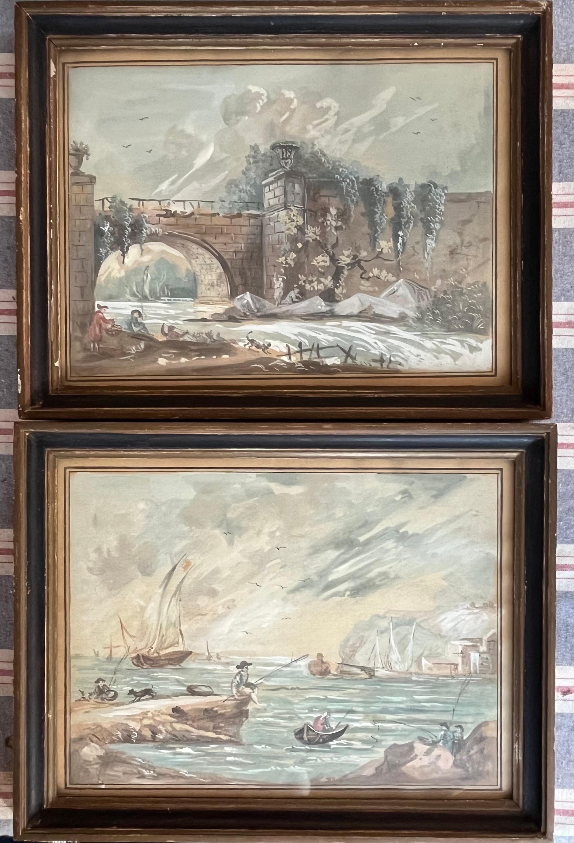 Dipinto a mano Coppia di dipinti di genere ad acquerello francesi, C.C. 1790 in vendita