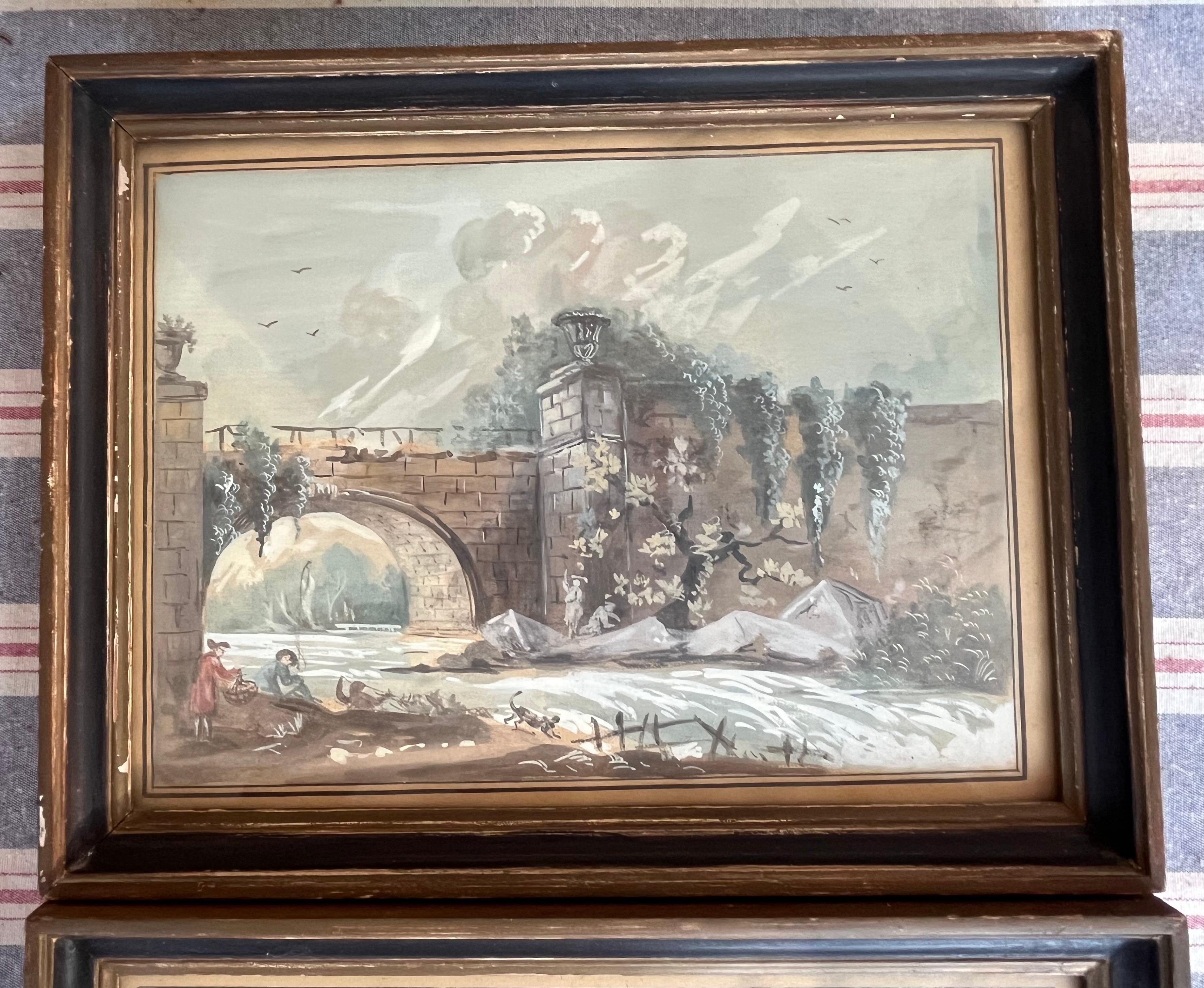 Coppia di dipinti di genere ad acquerello francesi, C.C. 1790 In condizioni buone in vendita a Doylestown, PA