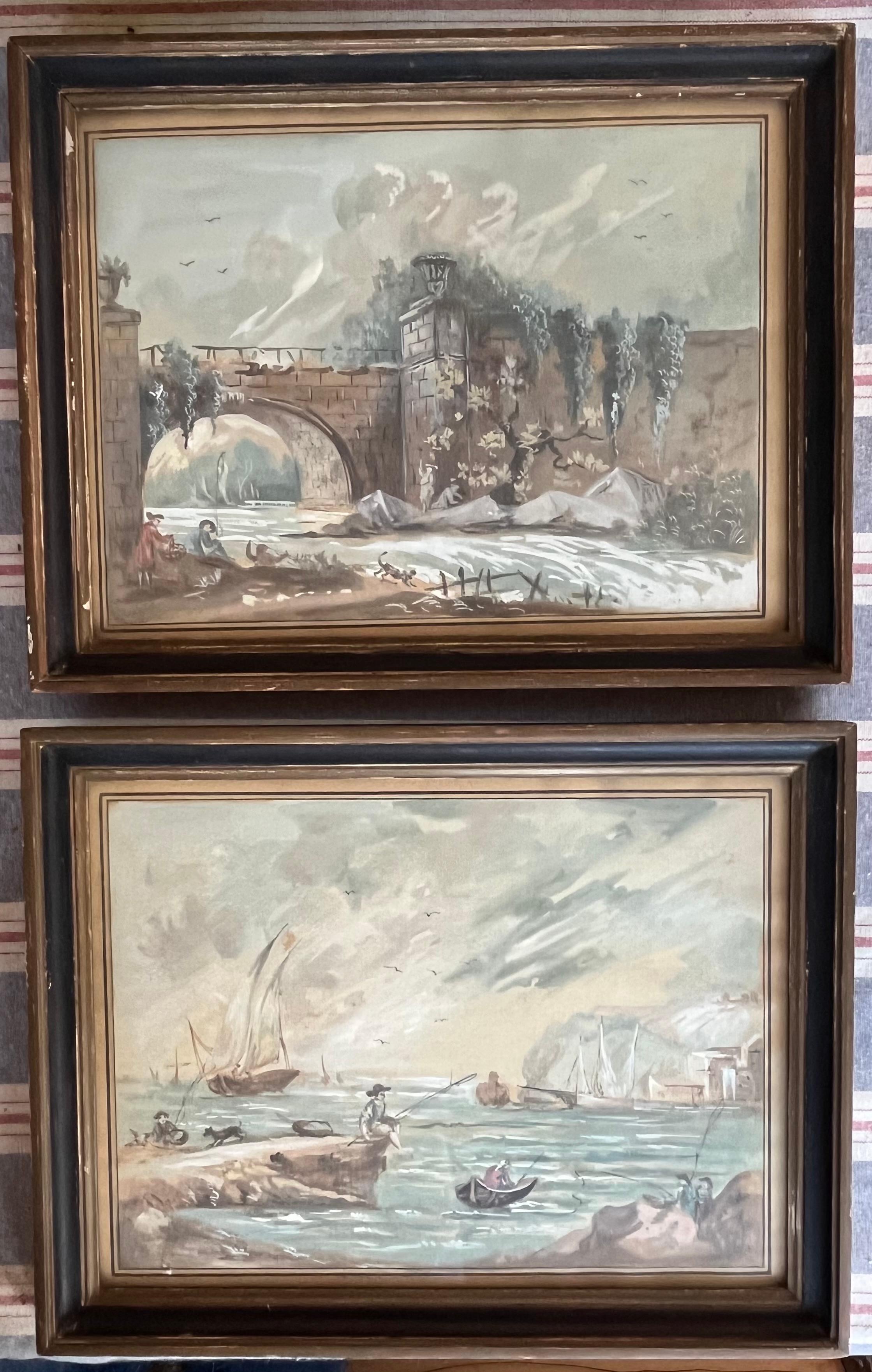 XVIII secolo Coppia di dipinti di genere ad acquerello francesi, C.C. 1790 in vendita