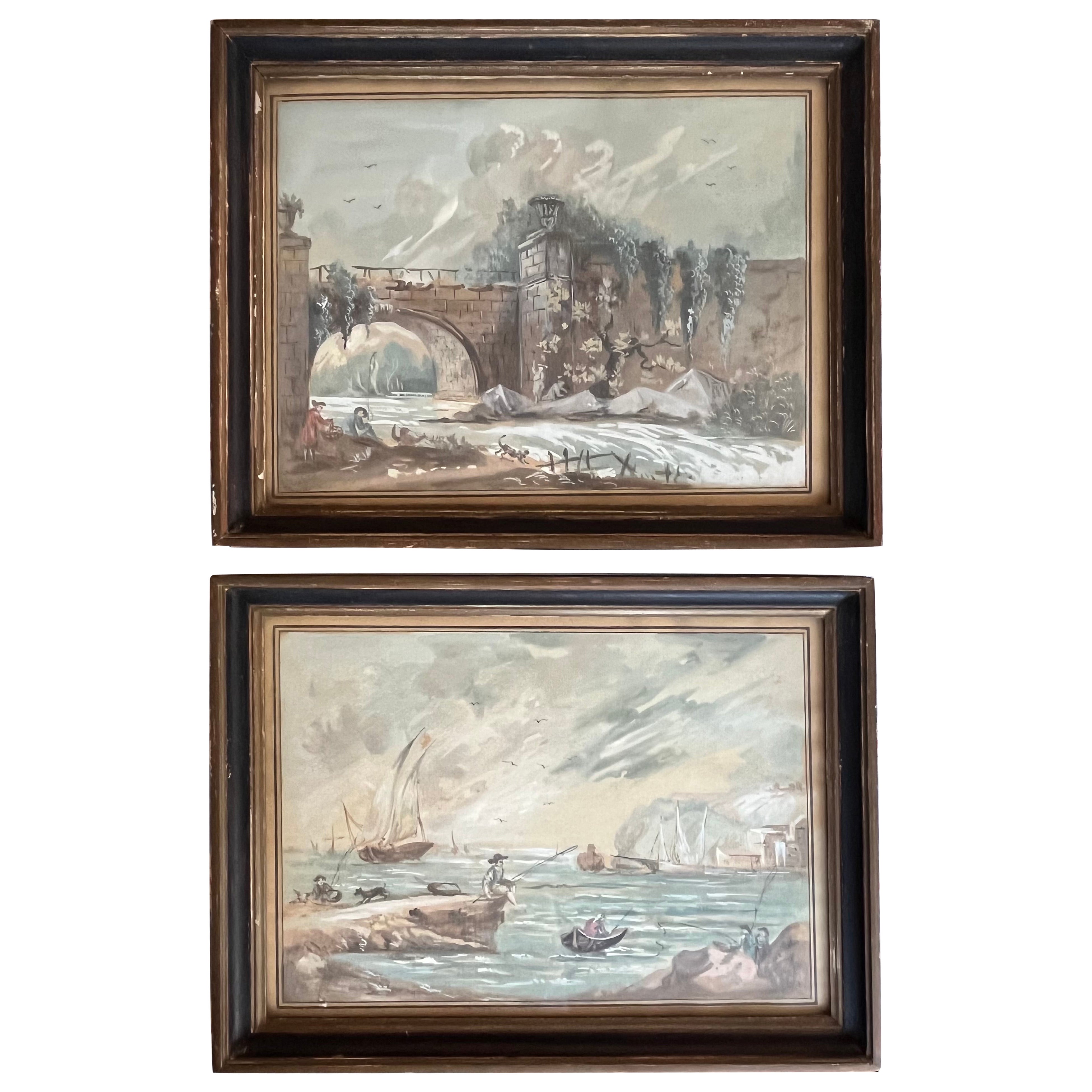 Pair of French Watercolor Genre Paintings, C. 1790