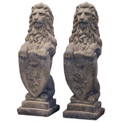 Pair of French Weathered Carved Stone Lion Sculptures Garden Statuary