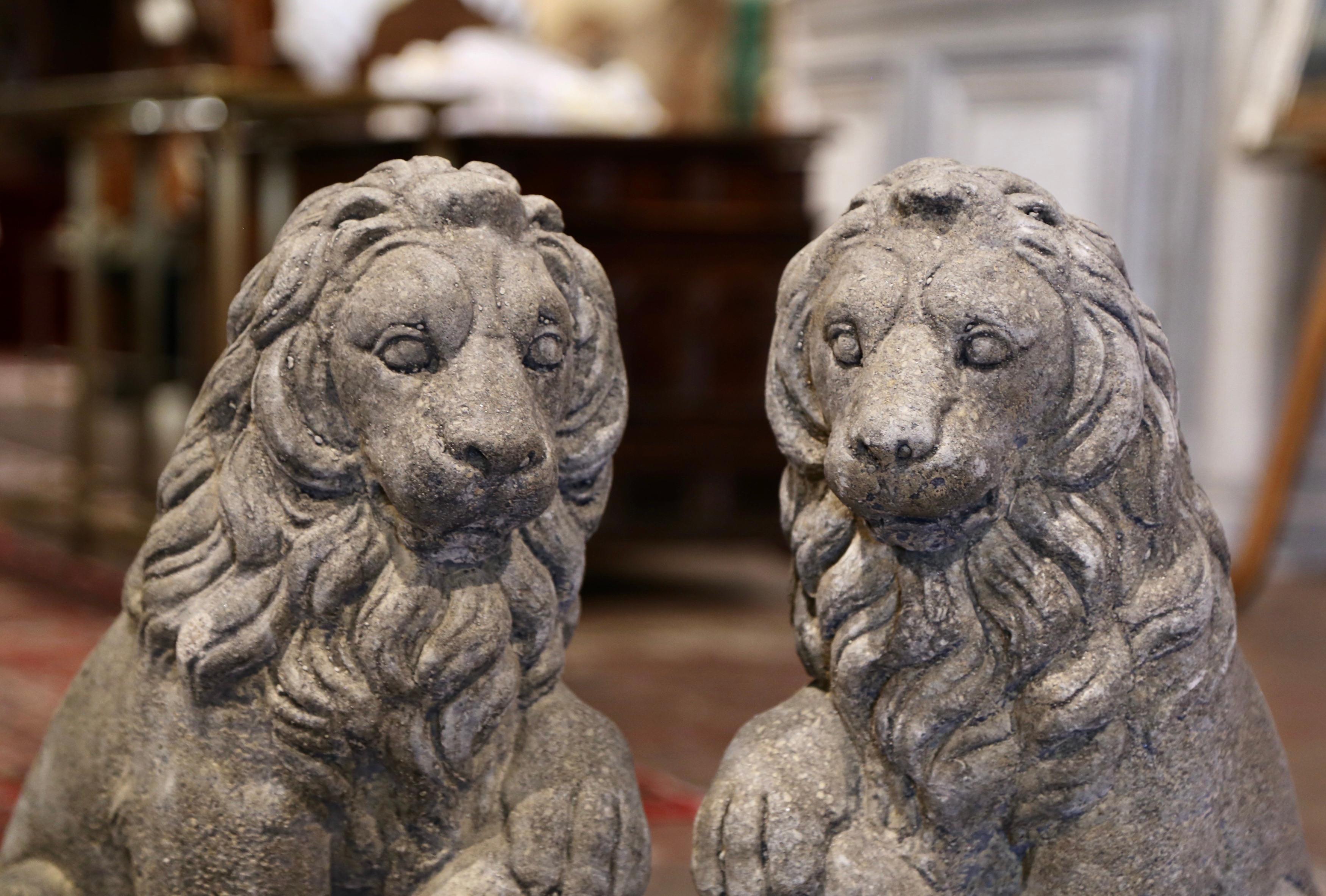 Hand-Crafted Pair of French Weathered Carved Stone Lions Sculptures Garden Statuary