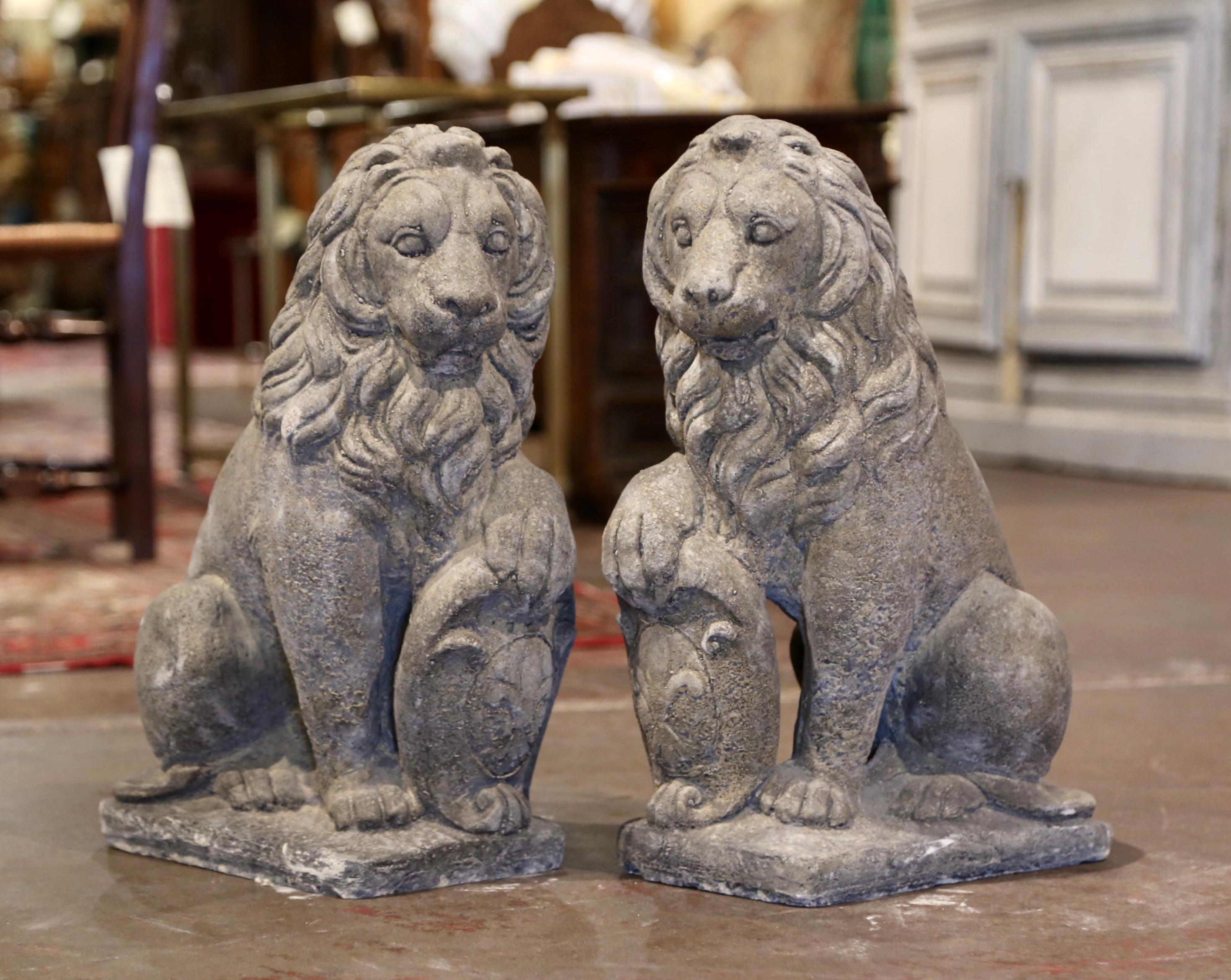 Contemporary Pair of French Weathered Carved Stone Lions Sculptures Garden Statuary