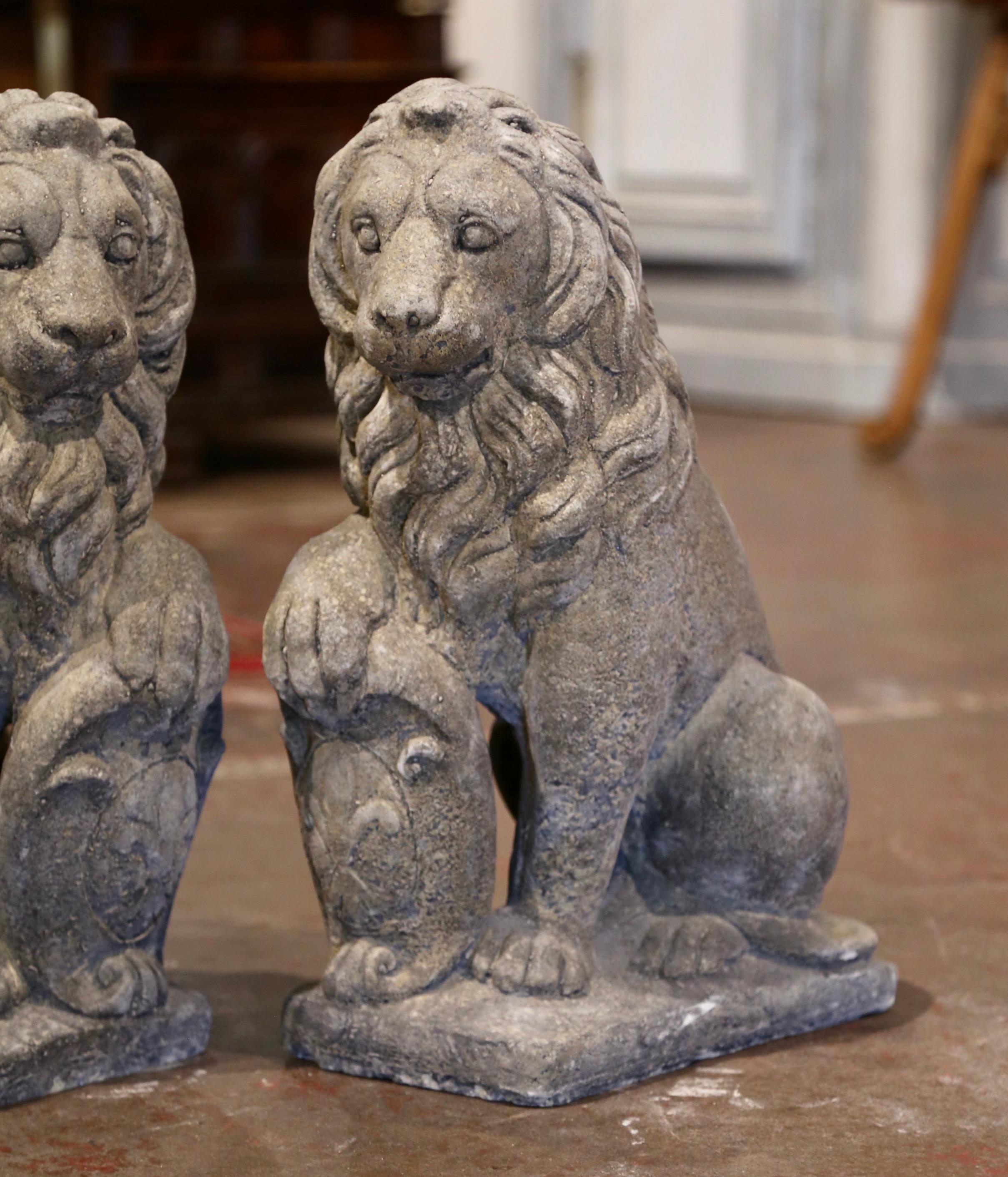 Pair of French Weathered Carved Stone Lions Sculptures Garden Statuary 2