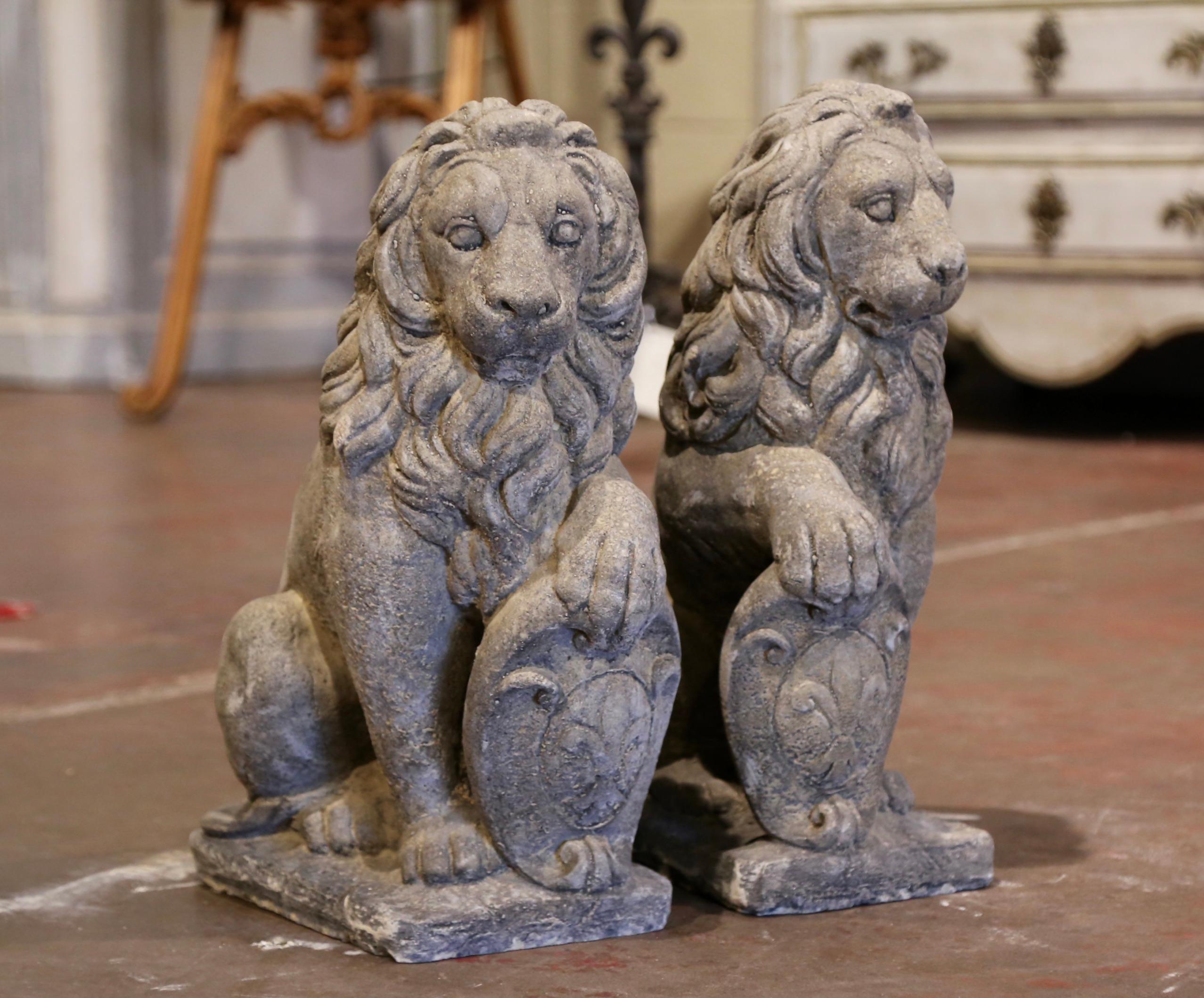 Pair of French Weathered Carved Stone Lions Sculptures Garden Statuary 3