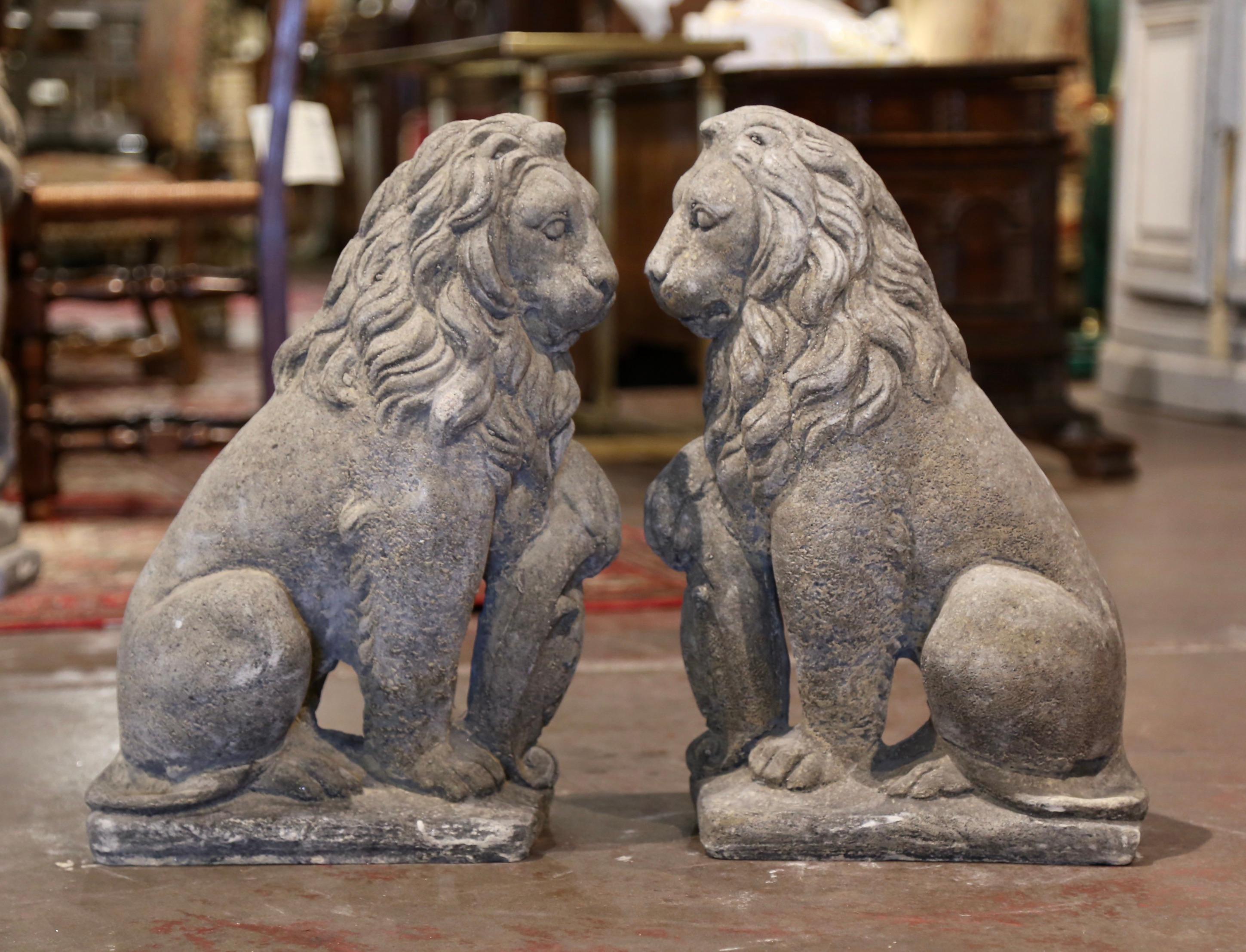 Pair of French Weathered Carved Stone Lions Sculptures Garden Statuary 4