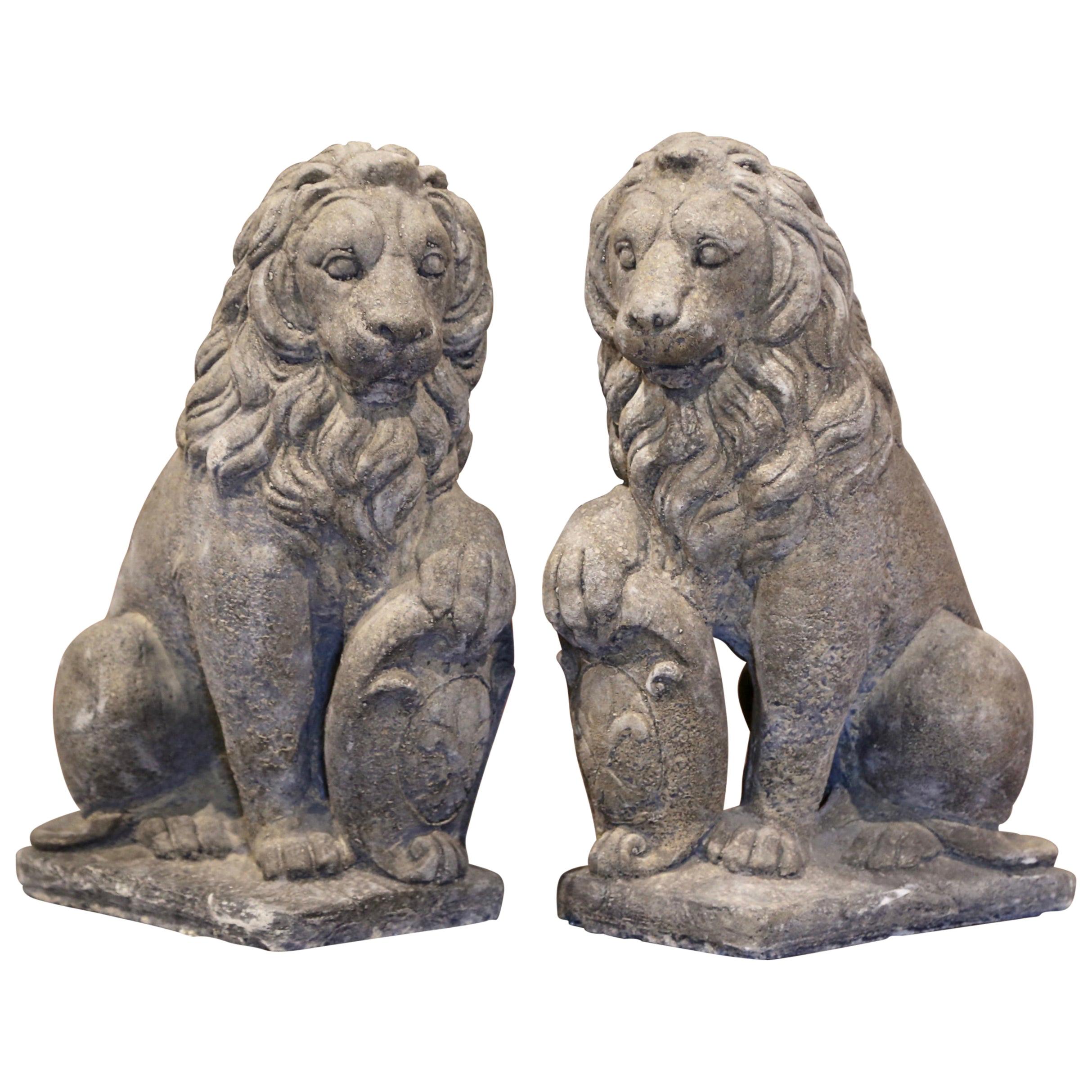 Pair of French Weathered Carved Stone Lions Sculptures Garden Statuary