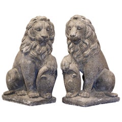 Pair of French Weathered Carved Stone Lions Sculptures Garden Statuary