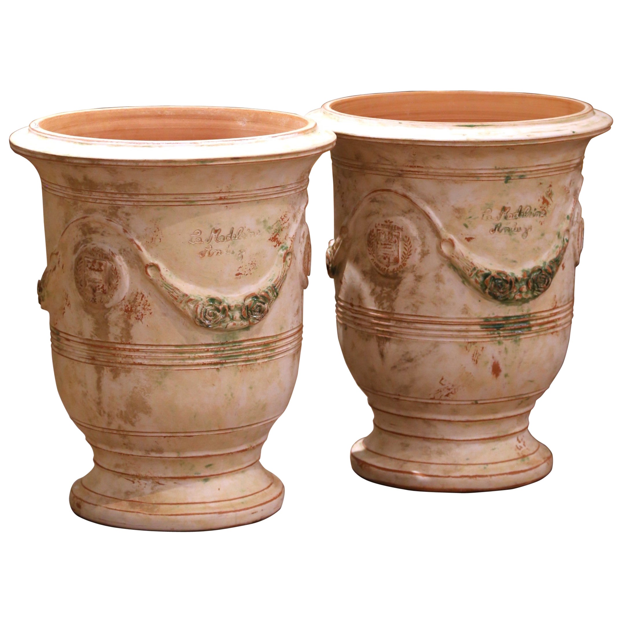 Pair of French Weathered Terracotta Anduze Planters by La Madeleine
